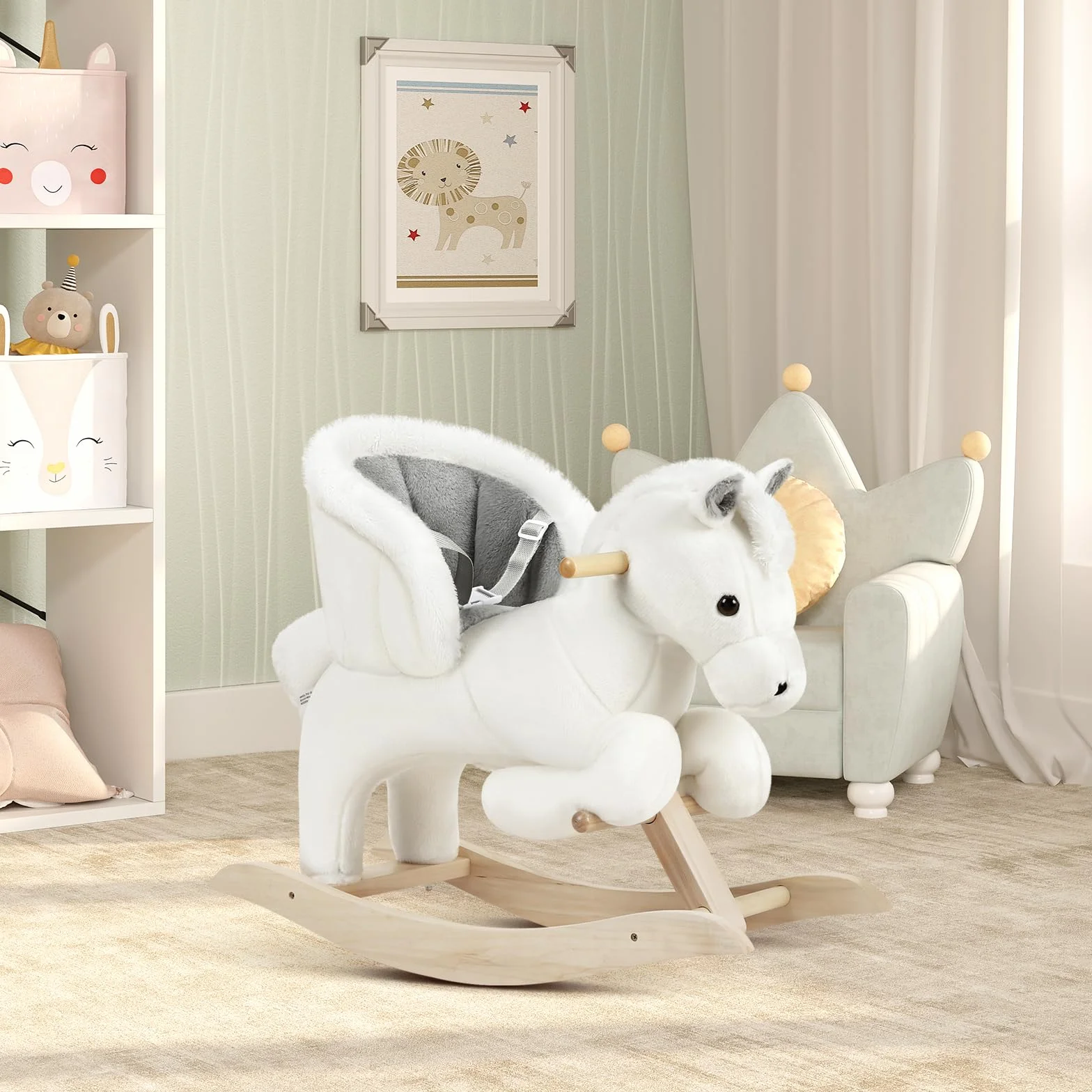 WOLTU Cavallo a Dondolo in Legno per Bambini 1-3 Anni, Cavalluccio in Peluche Cavalcabile con Suoni, Cintura di Sicurezza e Schienale Alto, Giocattolo Regalo per Bambino e Bambina, Bianco e Grigio