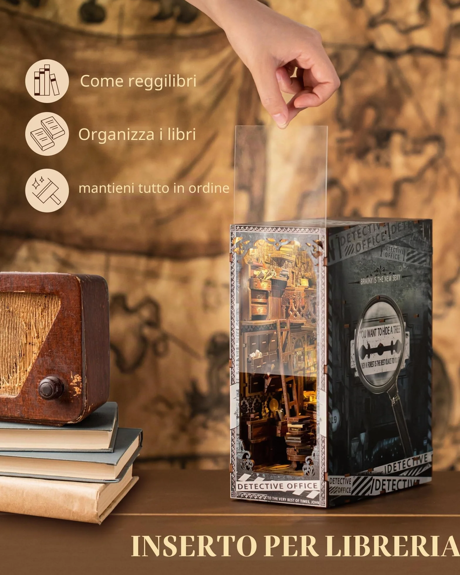 Quanquer Book Nook Kit_ con luce a LED, copertura antipolvere in miniatura, casa delle bambole in miniatura, libreria in legno 3D, puzzle in legno, detective office booknook(detective Office)