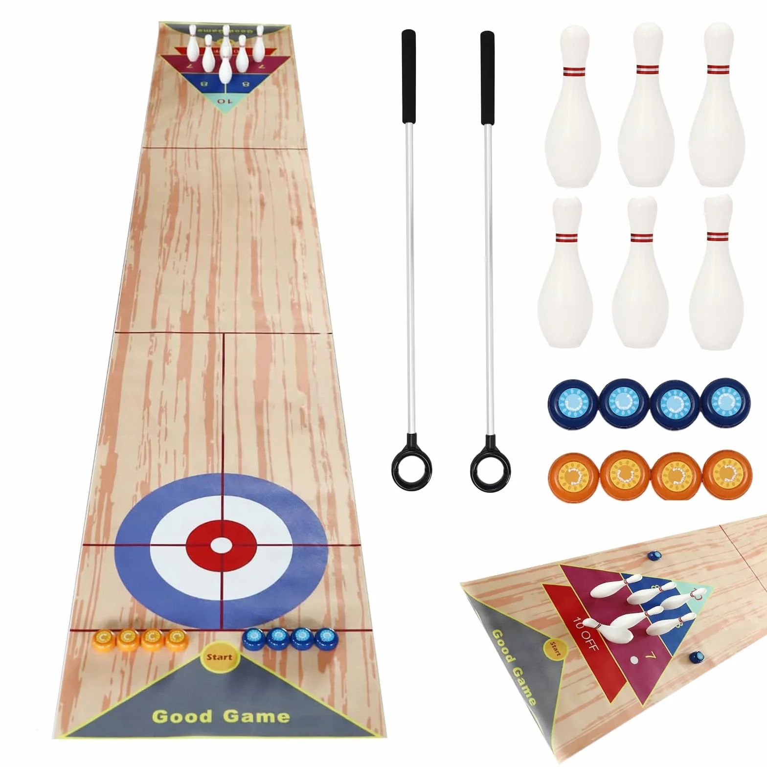Gioco di quilling 3 in 1, 360 x 57 cm, portatile, gioco di birilli da tavolo, set di birilli da curling con 6 bowling e 2 putter per bambini, per feste di famiglia