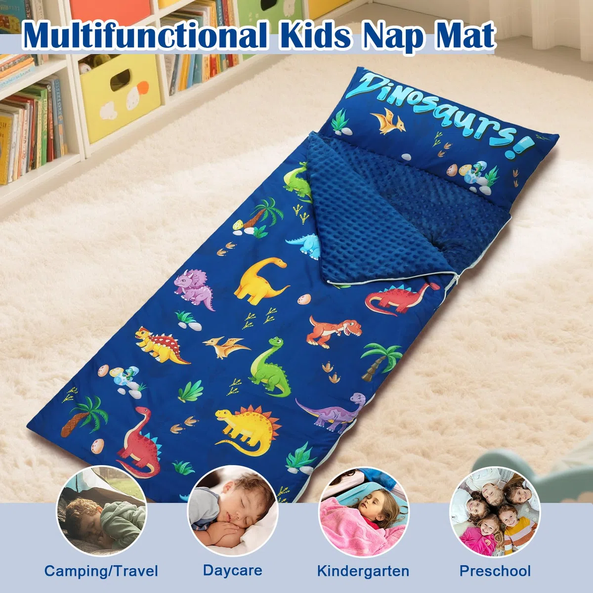 decalsweet Sacco a Pelo Bambino con Rimovibile Cuscino, Nap Mat per Bambini Pieghevole per Ragazze Ragazzi, Nap Mats con Doppia Cerniera per Campeggio, Scuola Materna e Asilo, 150×60cm