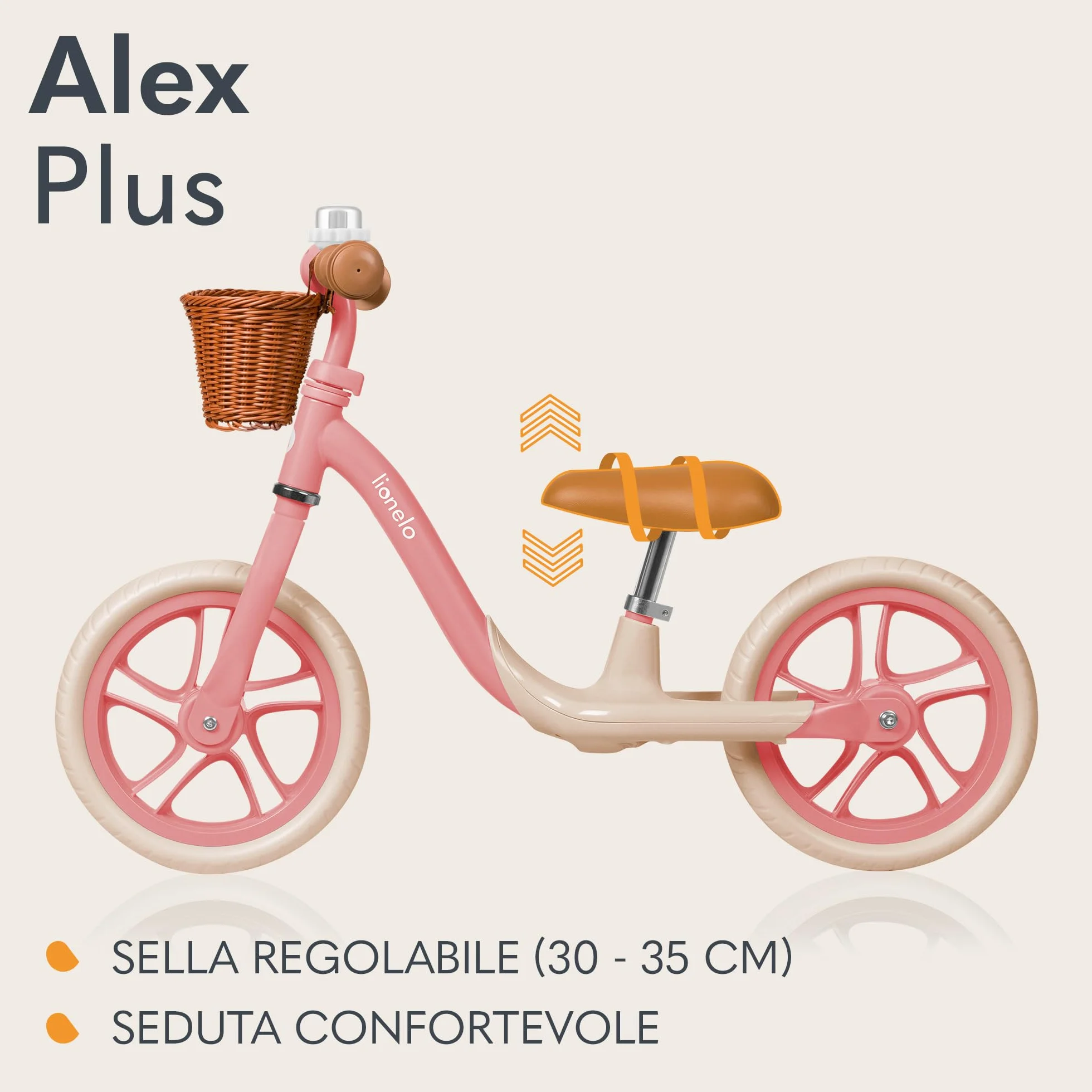 lionelo Alex Bici senza pedali per bambini da 3 anni fino 30kg Resistente e leggera solo 3kg Ruote in schiuma EVA 30cm Manubrio e sella regolabili Blocco dello sterzo Poggiapiedi Cestino