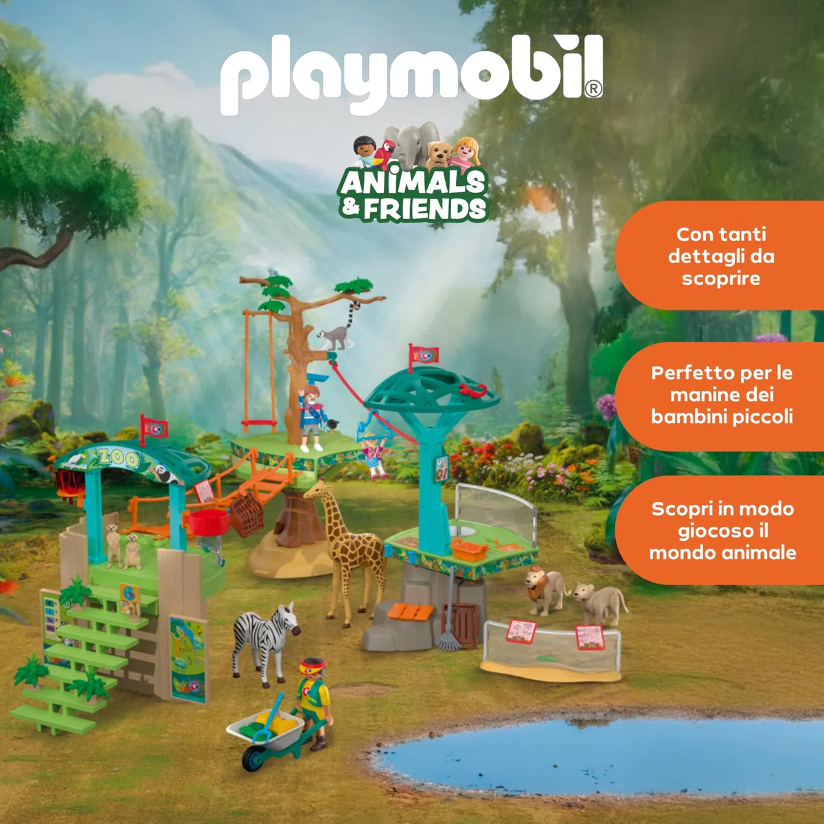 PLAYMOBIL | Animals & Friends | Zoo Parco avventura con animali | 3 piattaforme con funivia e ponte sospeso | gioco per bambini dai 4 anni in su | 72070