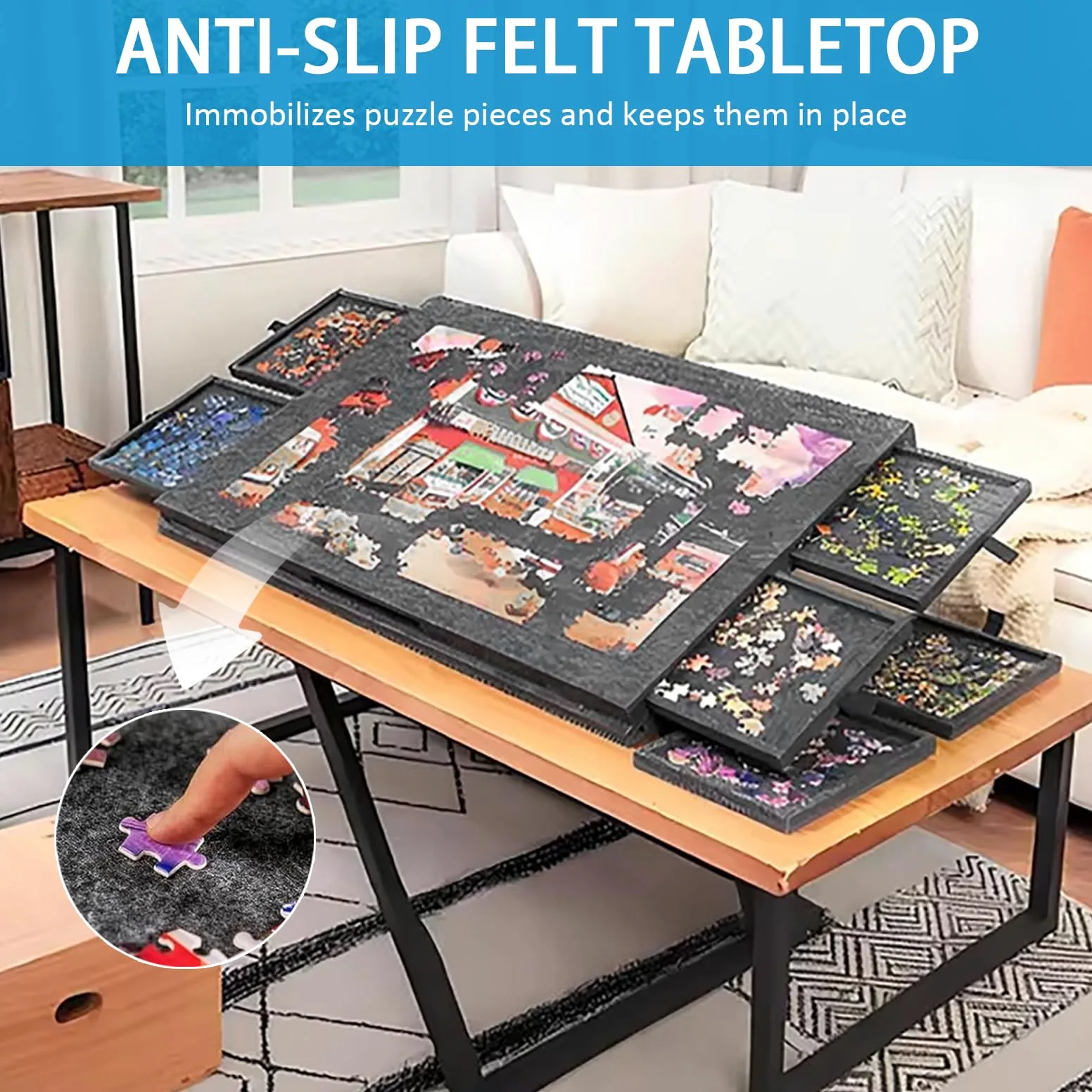 Tavolo per Puzzle Inclinabile con 6 Cassetti e Copertura - Tavola Leggera in Feltro per Fino a 1000 Pezzi - Con Supporto 2-in-1 e Maniglia da Trasporto - Ideale per Adulti e Appassionati di Puzzle