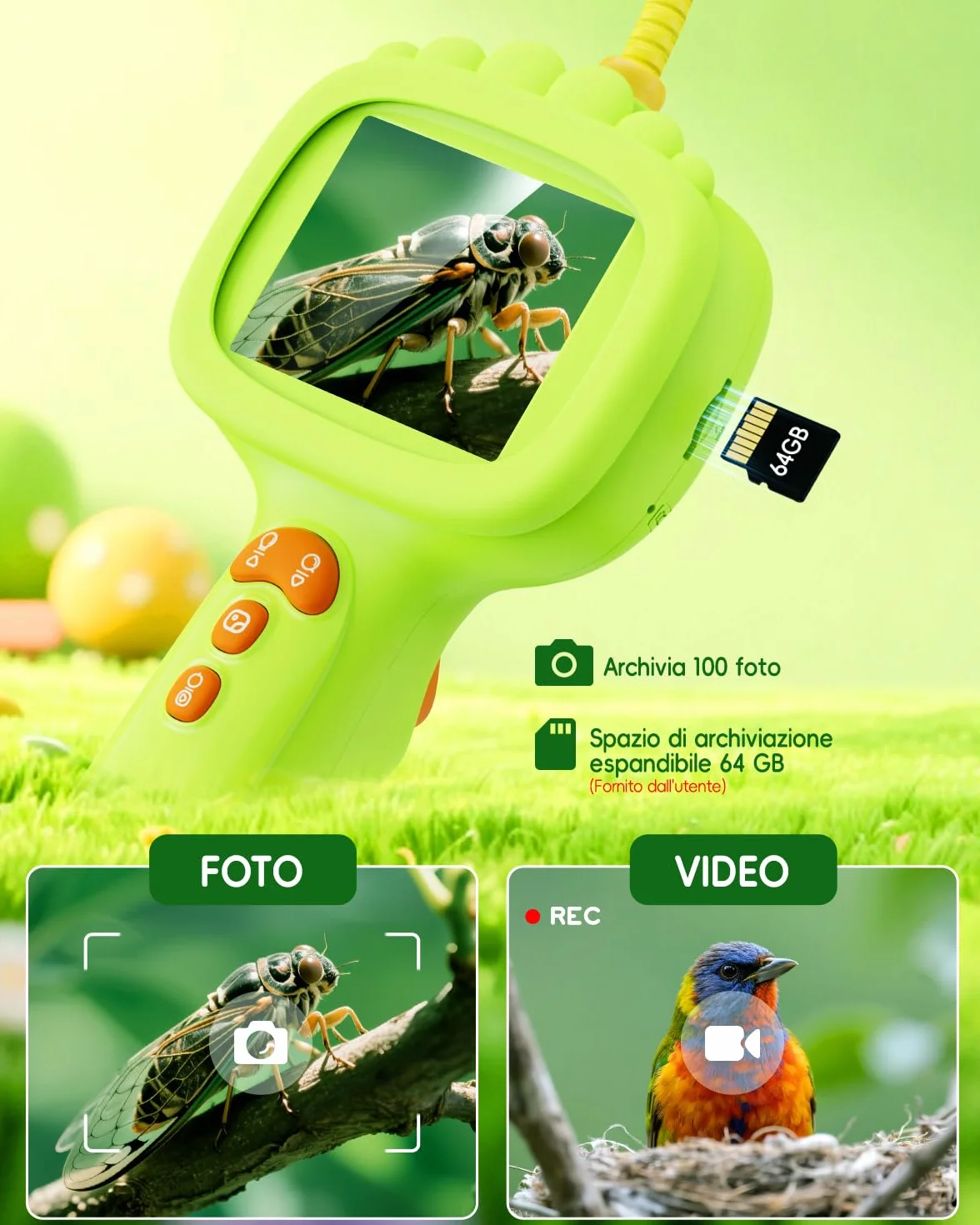 Endoscopio per bambini, Camera bambini 1080P, Gioco STEM per esplorazione all'aperto, giardino, campeggio e natura, Migliori regali di compleanno per ragazzi e ragazze di 4, 5, 6, 7, 8, 9, 10 anni