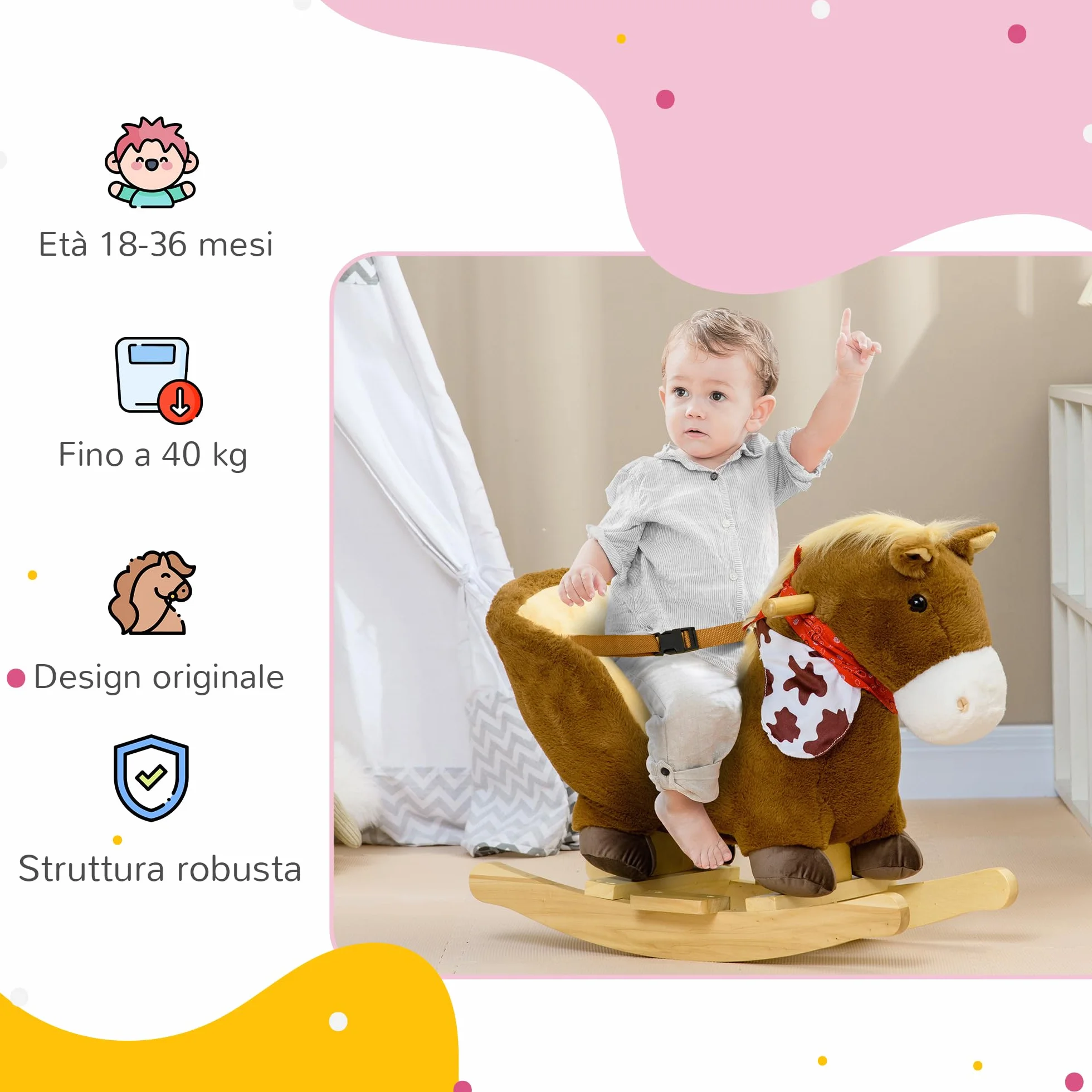 HOMCOM Cavallo a Dondolo per Bambini da 18-36 Mesi, Cavalluccio a Dondolo per Bambini Cavalcabile con Suoni Realistici, 60x33x50 cm, Marrone