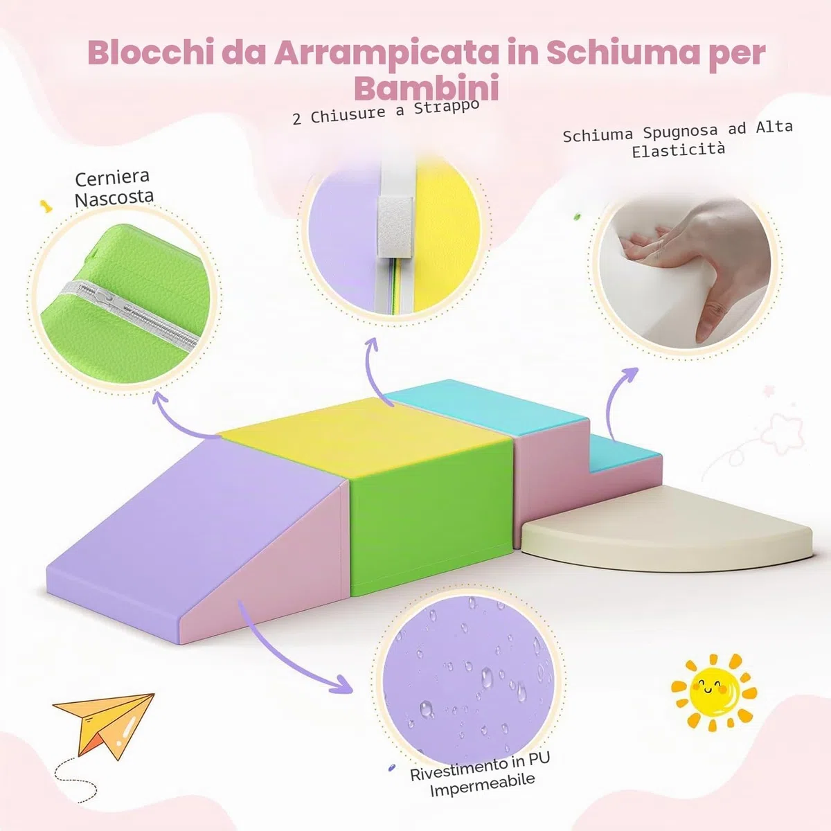 Blocchi da arrampicata bianchi per bambini, rivestimento in PU antigraffio, facile da pulire, chiusura con cerniera nascosta, schiuma ad alta elasticità