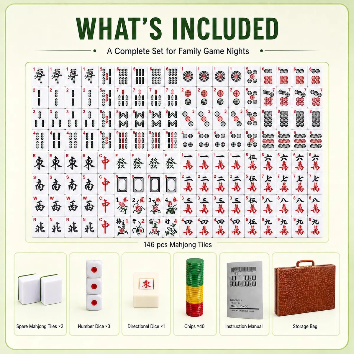 Set di Mahjong grande tradizionale cinese 144 piastrelle 30mm con dadi fiches scatola portaoggetti in pelle numeri arabi