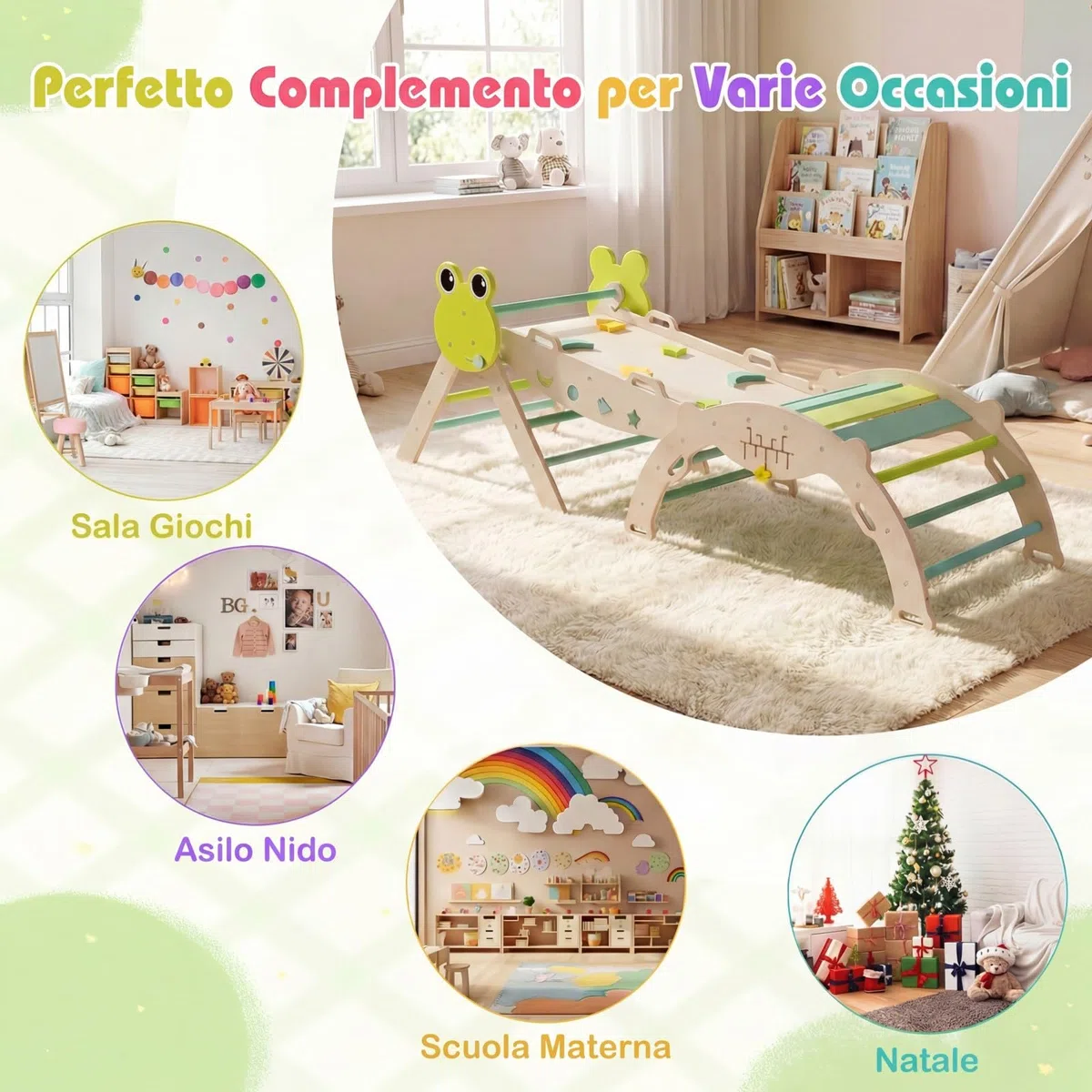 Relax4Life Triangolo di Arrampicata per Bambini con Scivolo e Arco, Gioco Montessori in Legno 1+ Anni, 3 Pezzi Verde