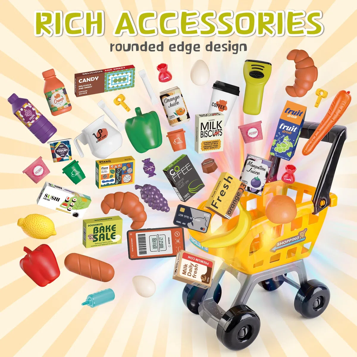 deAO Supermercato Con Carrello Della Spesa, Registratore Di Cassa, 65pcs Accessori Per Negozi, Registratore Di Cassa Con Scanner E Suono, Negozio Giocattolo Per Bambini Da 3 Anni, Compleanno