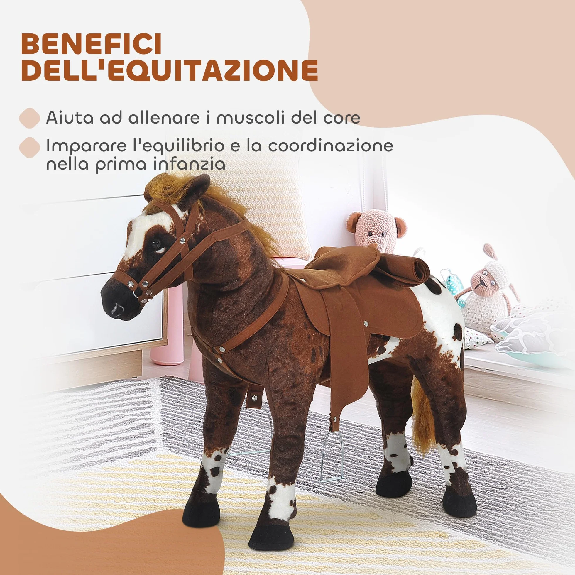 HOMCOM Cavallo a Dondolo per Bambini 2+ Anni con Nitrito Realistico, Sella e Staffe, Cavallo Giocattolo in Peluche e Metallo, 85x28x60 cm, Marrone