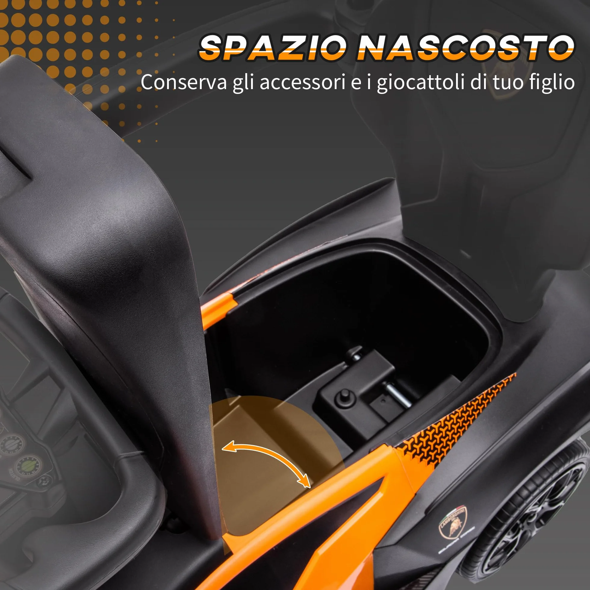 AIYAPLAY Lamborghini Macchinina per Bambini 2 in 1 con Maniglione e Barriera di Sicurezza, Volante e Clacson, Auto per Bambini in PP e Metallo, 86.5x40x89.5 cm, Arancione e Nero