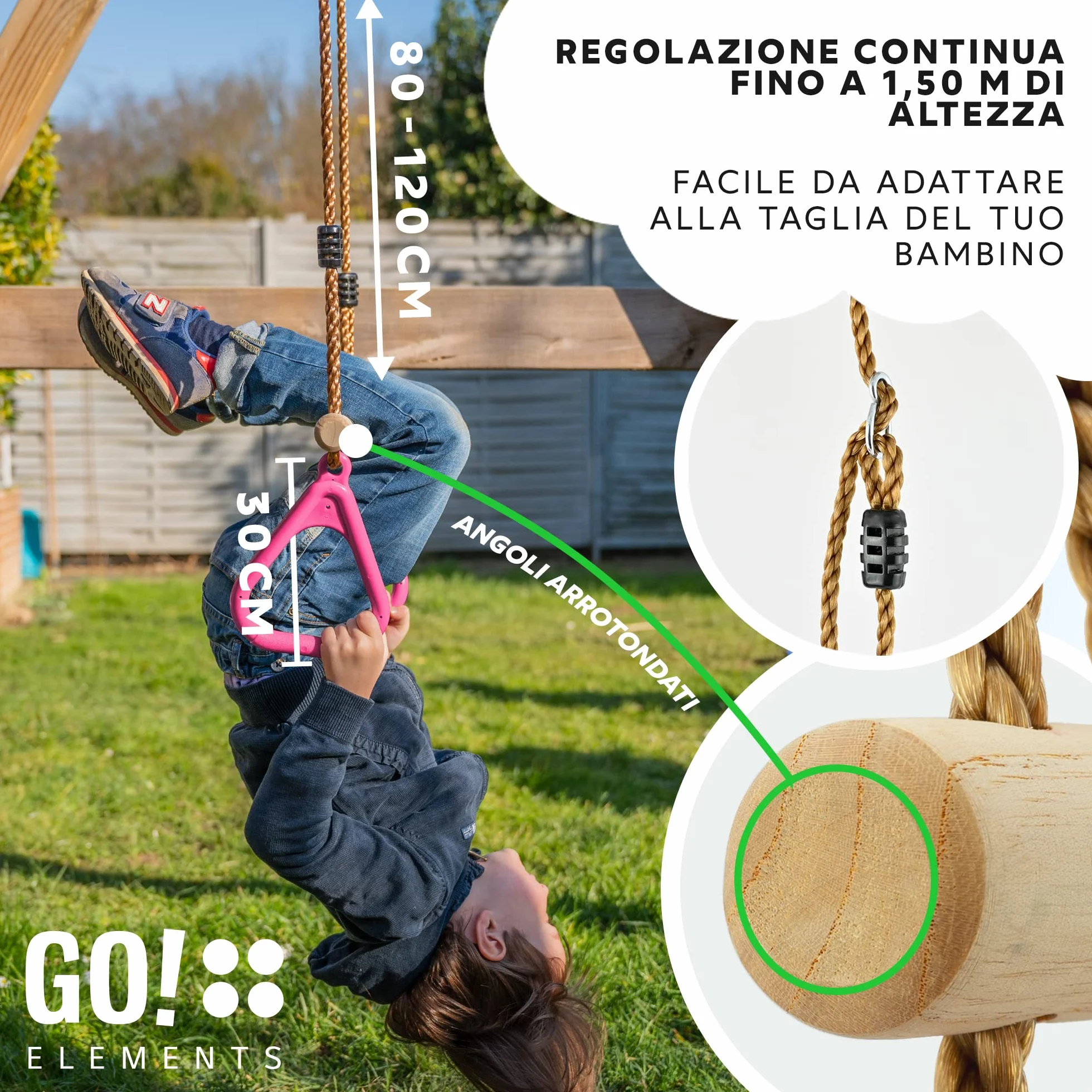 GO!elements altalena a trapezio per bambini - Sedile Altalena bimbi - Seggiolino Altalena Bambini - Sedili per Altalena per Bambini da Giardino - Altezza Regolabile - Antiscivolo - Colore: Rosa