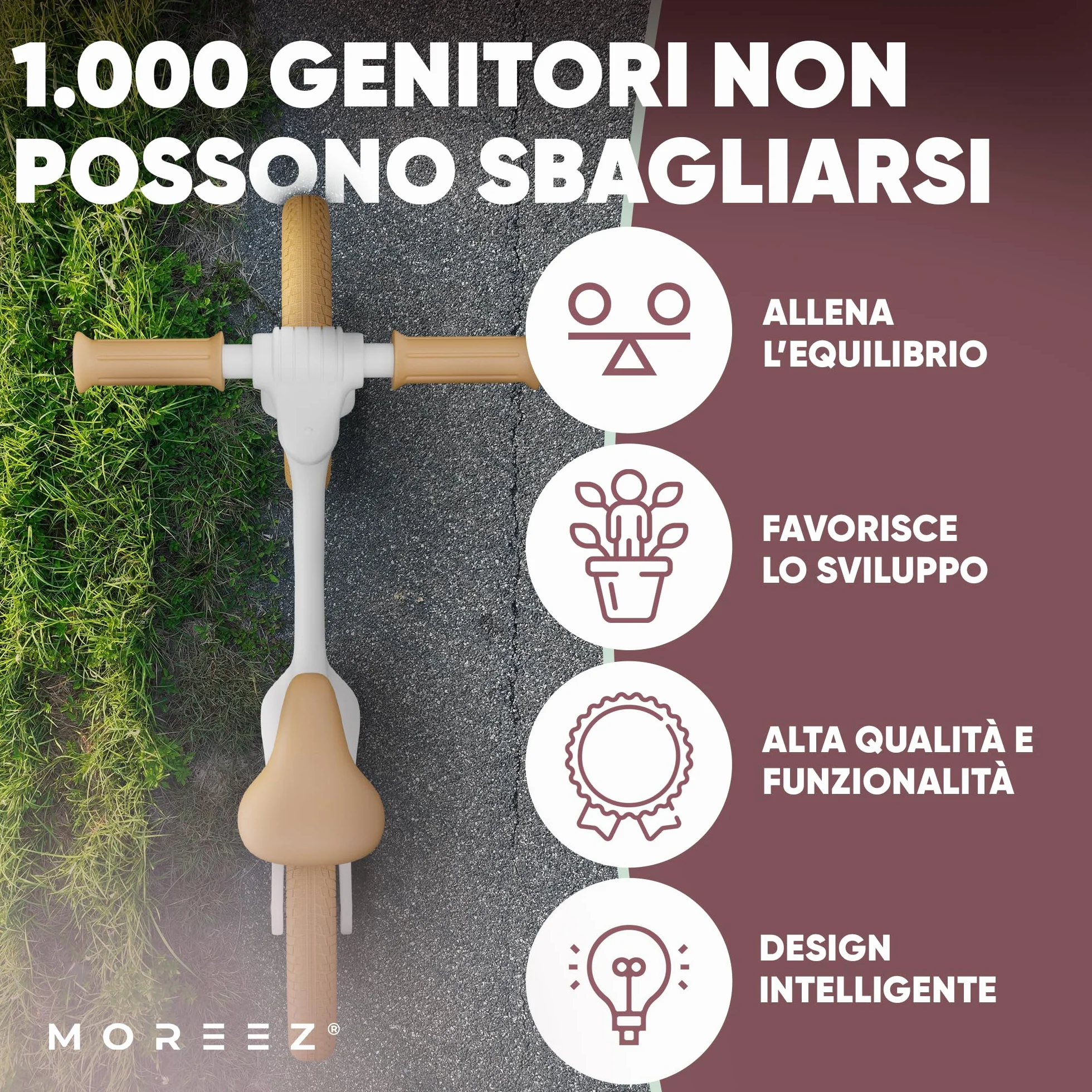 MOREEZ Bicicletta da 2 anni [2-5 anni] ultraleggera per bambini con protezione anticaduta, seduta ergonomica, ruote da 50 kg, poggiapiedi antiscivolo, altezza regolabile