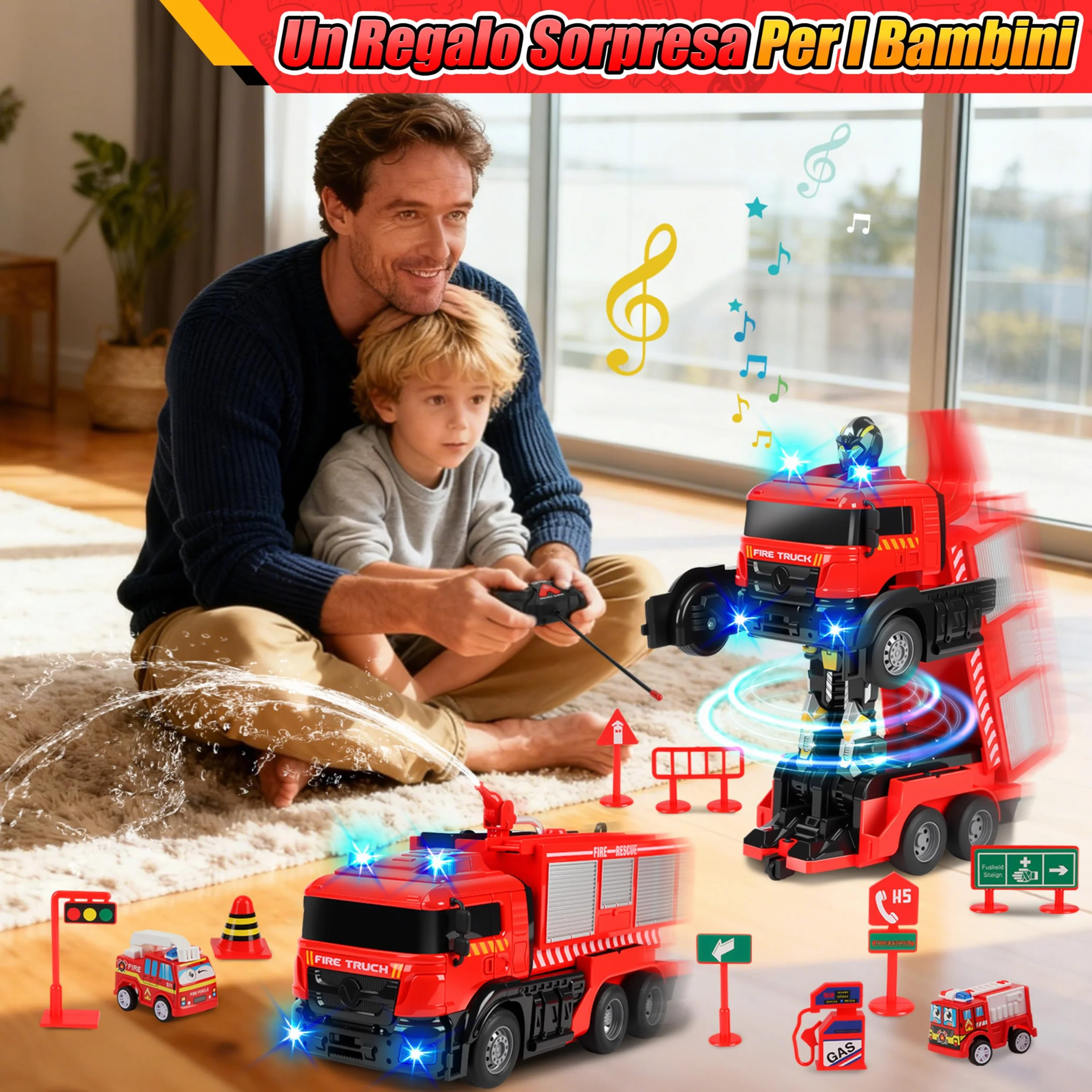 Charmofun Camion Pompieri Giocattolo Telecomandato, Autopompa Vigili del Fuoco con Luci e Suoni, Pompiere Giocattoli con Irrigatore, Trasforma Robot e Macchina Telecomandata, Regalo Bambini