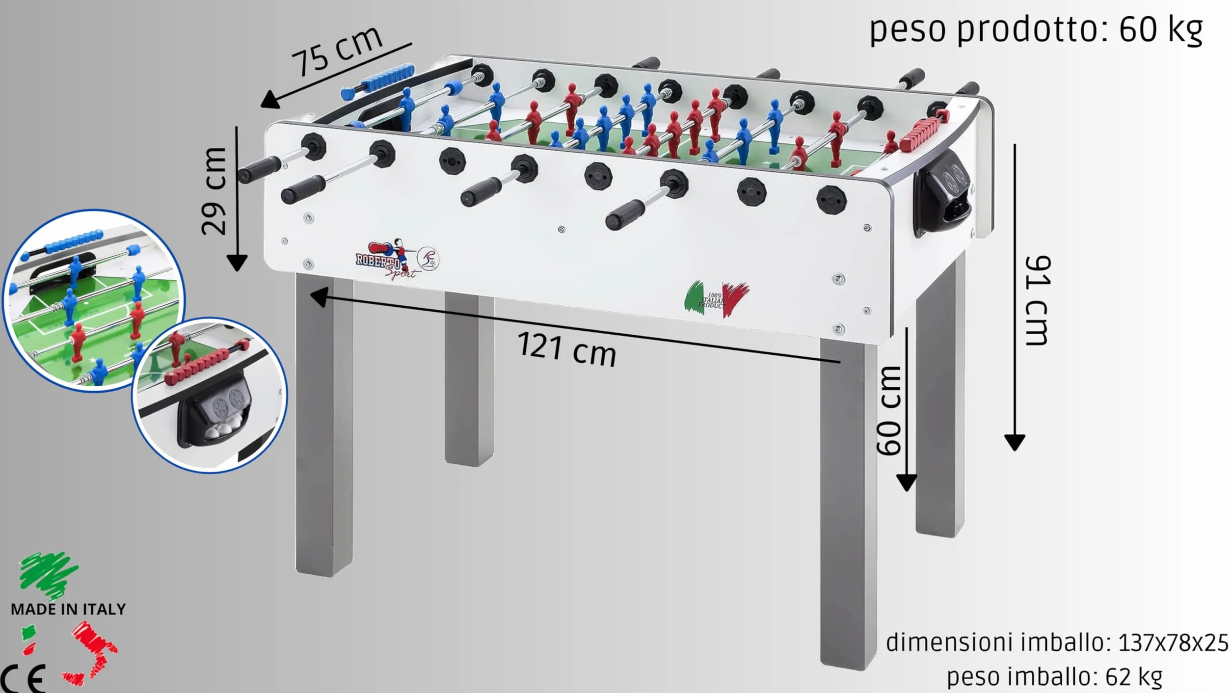 G5 HT SPORT Calcio Balilla Roberto Sport [Made in Italy] Calcetto da Tavolo Calcetto Balilla Con Aste Rientranti Telescopiche | Campo in Vetro Temperato Infrangibile | Palline E Spray Inclusi