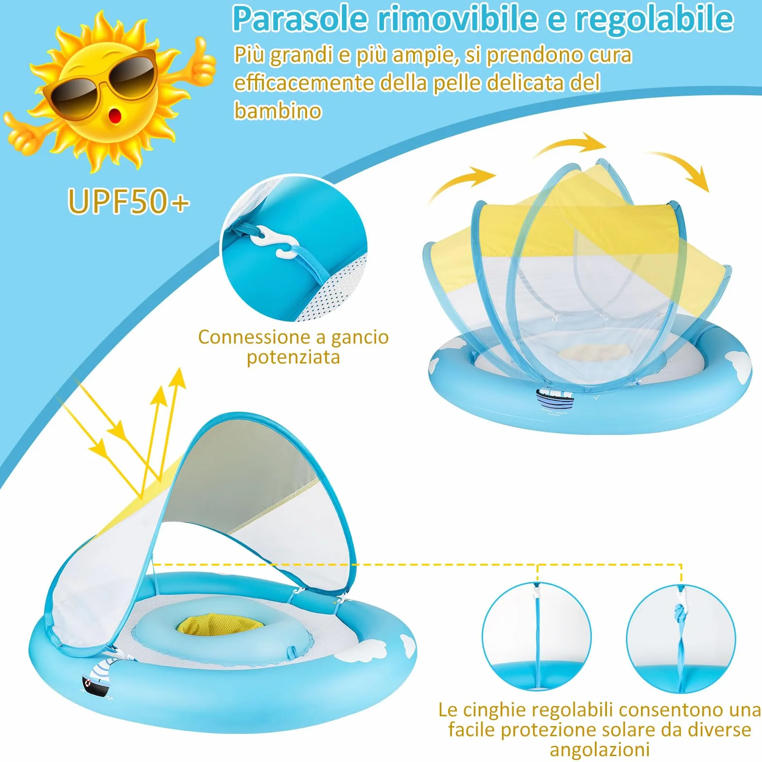 MYCARBON Salvagente Neonato 6 Mesi – 30 Mesi con Parasole Mutandina Regolabile Salvagente Bambini con Pompetta Galleggiante Ciambella per Mare Piscina