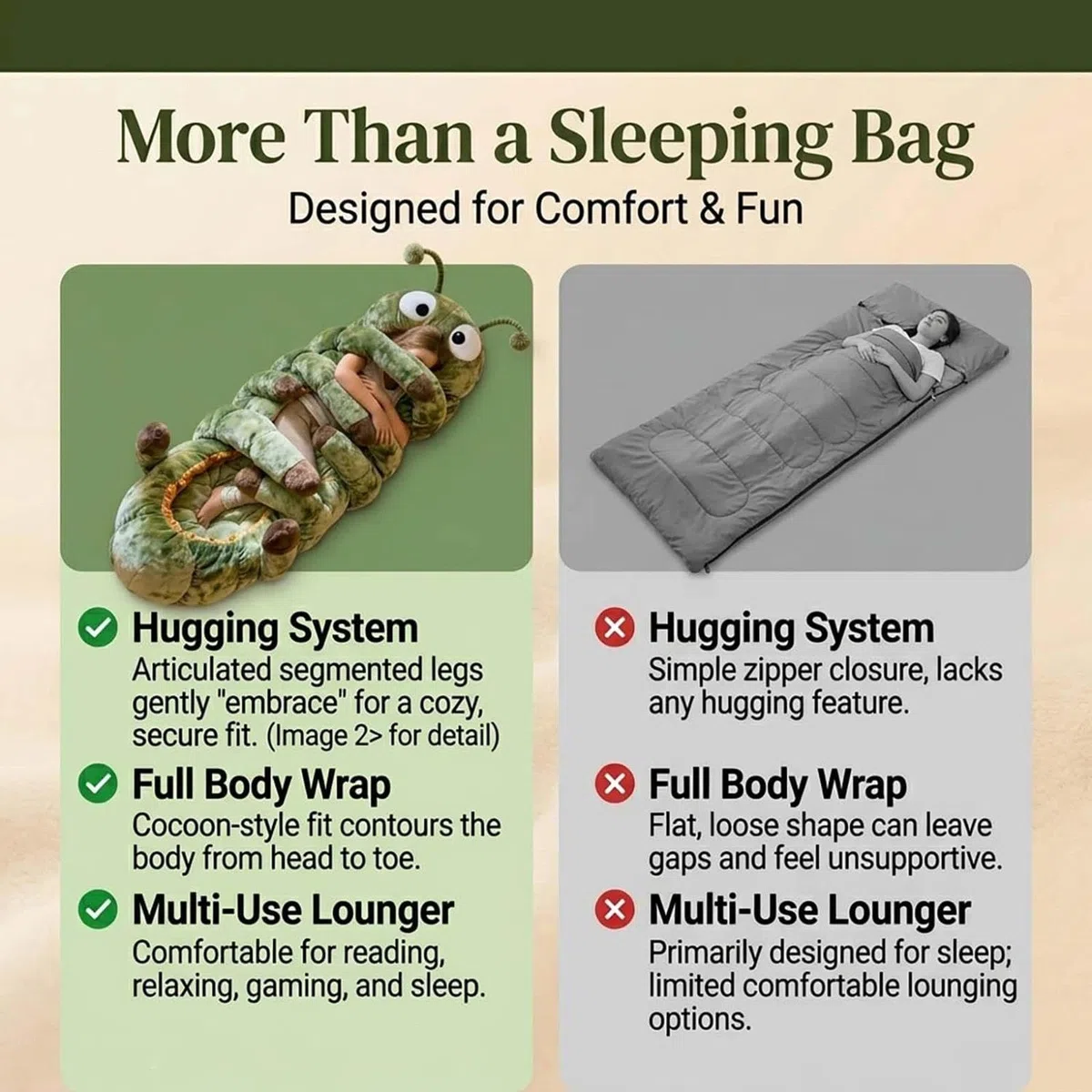 Sacco A Pelo A Forma Di Bruco,hugging Caterpillar Sleeping Bags,plush Cocoon Sleeping Bag With Pull Cord,hugging Caterpillar Sleeping Bags – Plush Cocoon Full-body Lounger