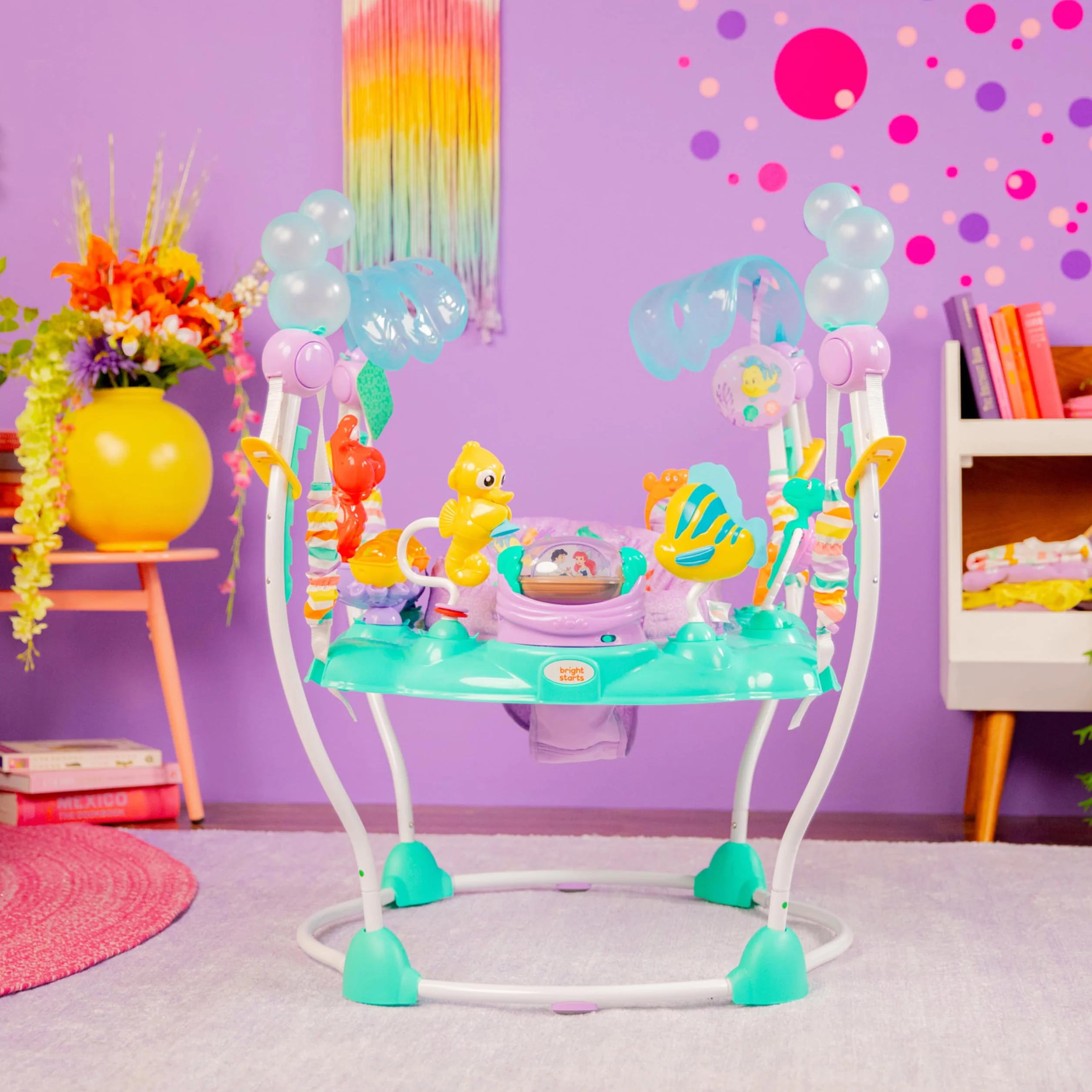 Bright Starts, Disney Baby, Jumper multiattività Sea of Activities della Sirenetta, con Giocattoli interattivi, luci e Musica con Principessa Ariel di Disney, 6-12 Mesi (Blu)