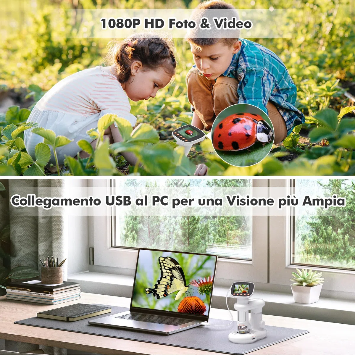 HOMEASY Microscopio Digitale per Bambini con HD Display 50X-1000X Ottica Regolabile e Doppia Luce LED Accessori Inclusi per Osservazione di Insetti Piante e Campioni 16GB SD Card Portable Educativo