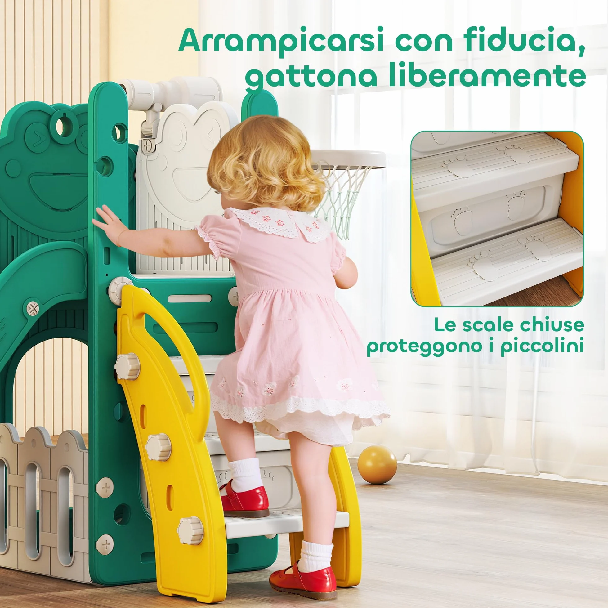AIYAPLAY Set Scivolo per Bambini 5 in 1 con Canestro, Scaletta, Telescopio Giocattolo e Contenitori, Giochi per Bambini da Interno ed Esterno Età 1-3 Anni, Giallo