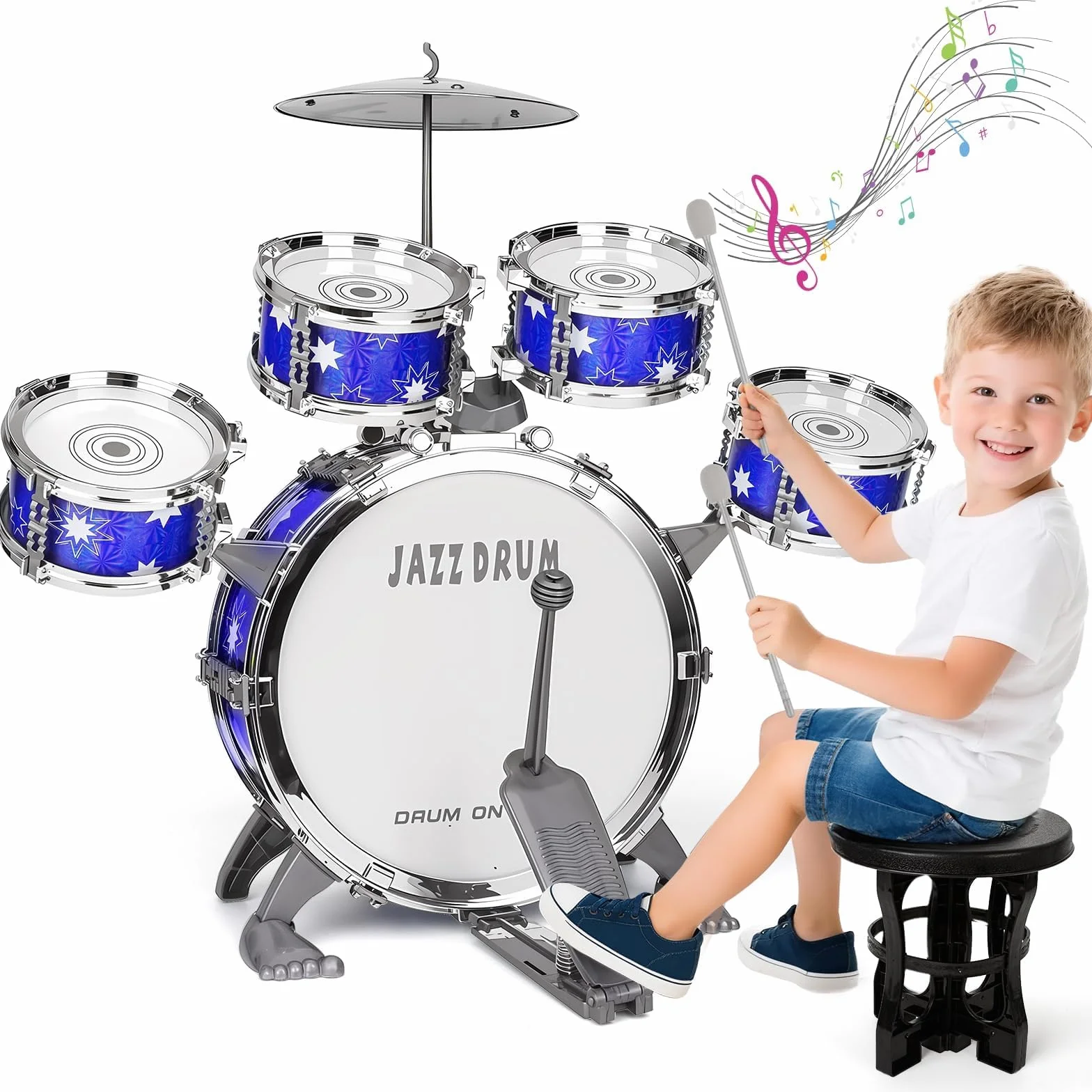 Upgrade Giocattolo Batteria Bambini 2-4 Anni Kit Batteria Jazz per Bambini con Sgabello, Giocattolo Strumento Musicale per Ragazze Ragazzi di 3 4 5 Anni Regalo