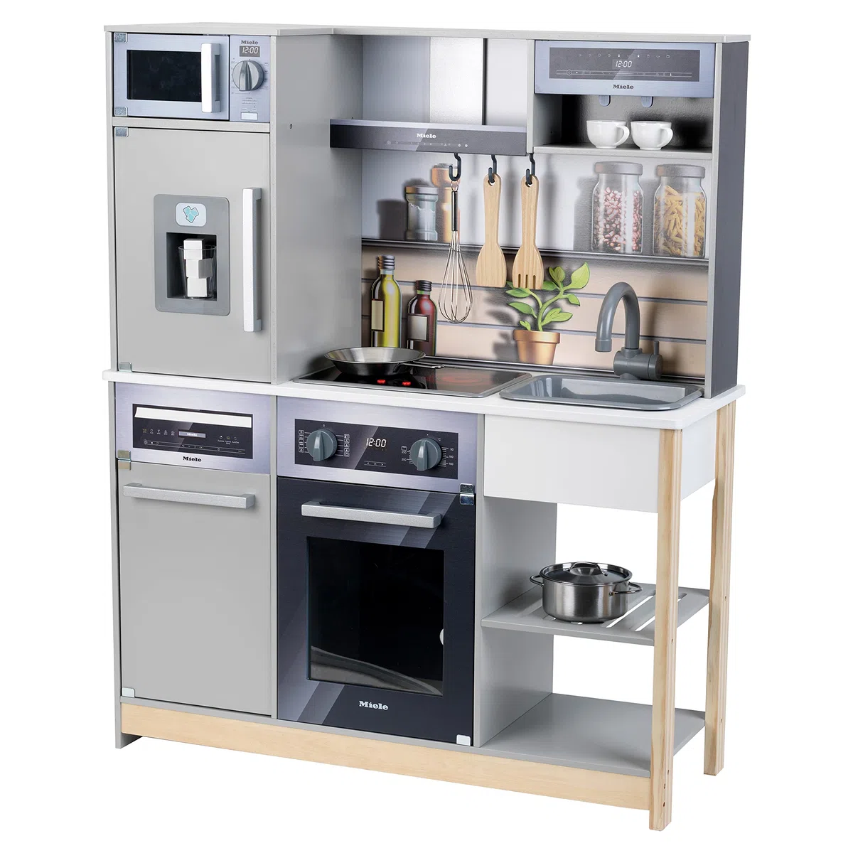 Theo Klein Cucina familiare Miele, in Legno con Fornello, Funzione Luci e Suoni, Forno a Microonde, Frigorifero con distributore di Cubetti di Ghiaccio, Accessori da Cucina, Giocattoli per Bambini 3+