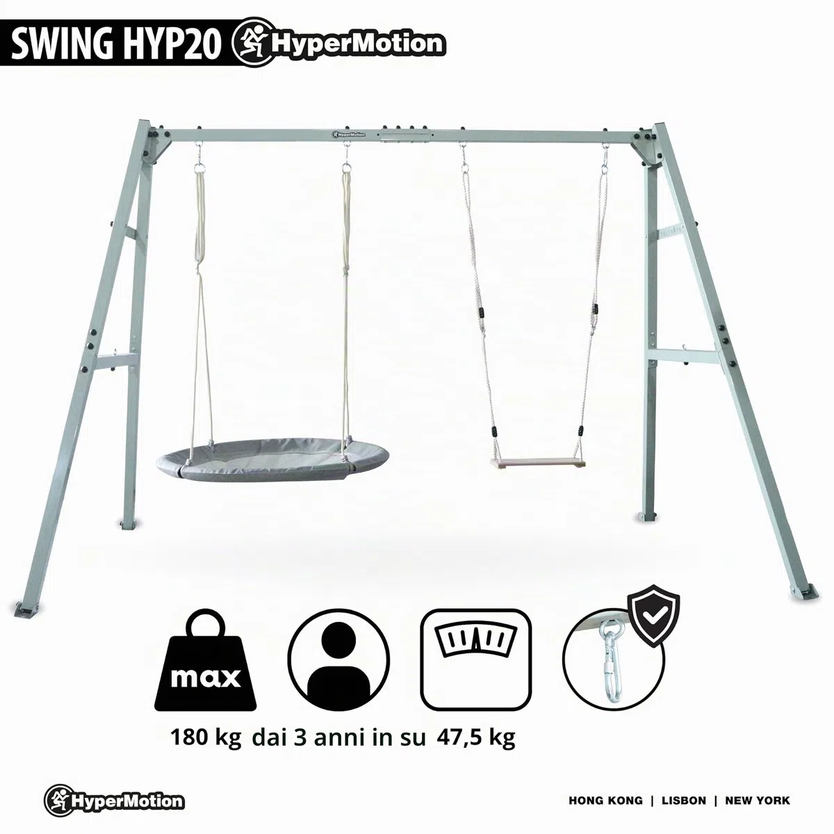 HyperMotion Altalena da Giardino 3-in-1 per Bambini e Adulti - Set con Dondolo, Nido Cicogna, Amaca - Struttura Acciaio Regolabile 180kg