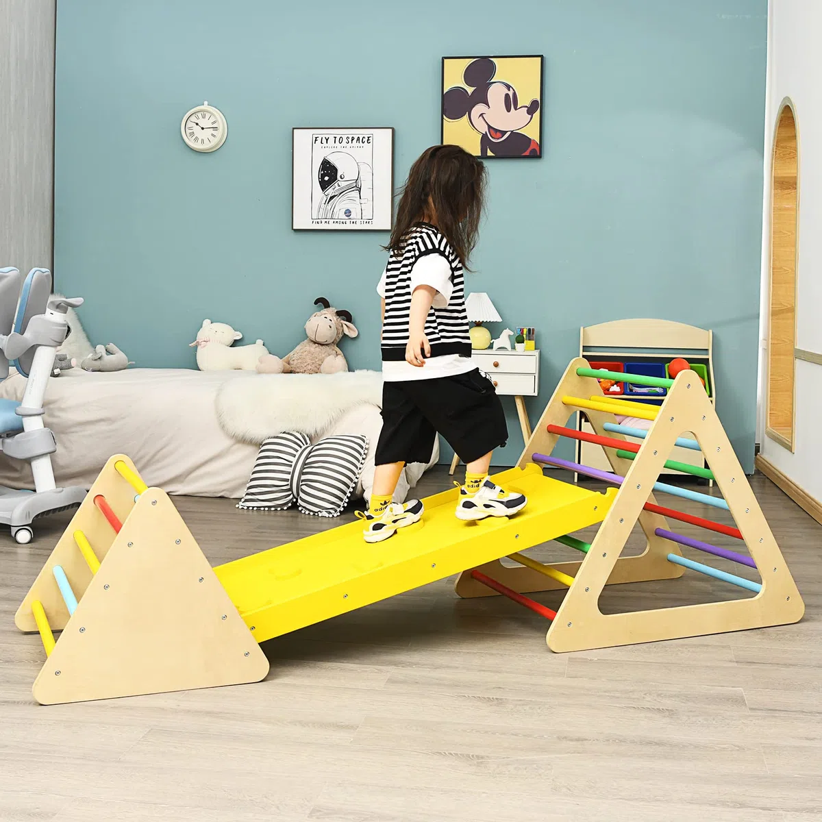 GYMAX Triangolo da Arrampicata per Bambini con Scivolo, Legno, Giocattolo a Scala, Esterno, Montessori, Colorato