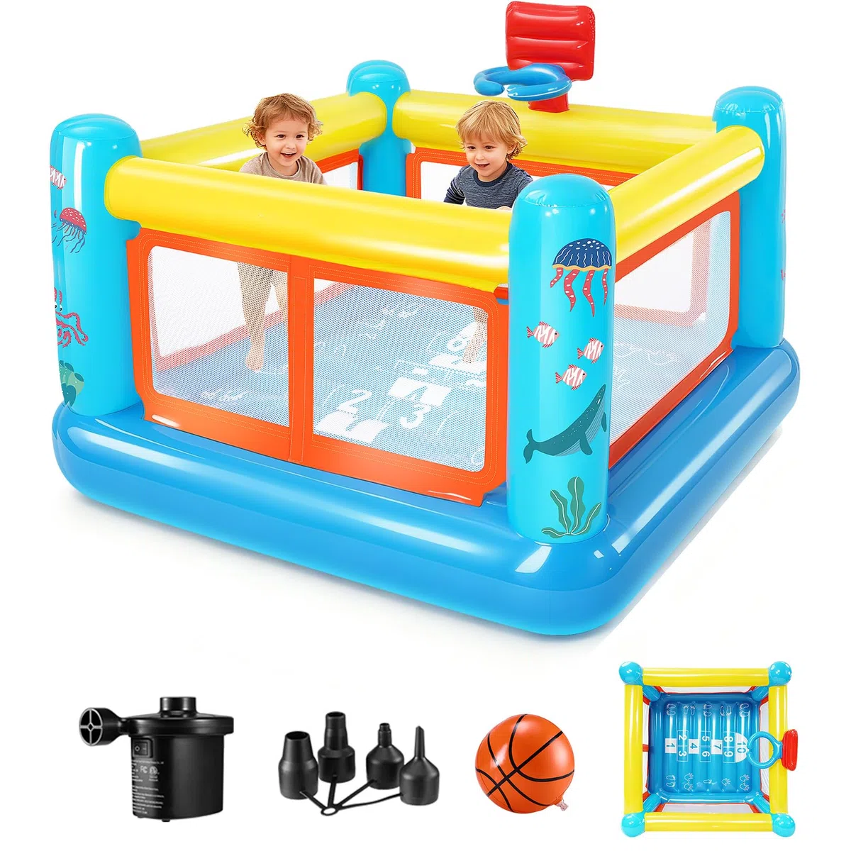 Castello gonfiabile per bambini da 3 a 6 anni, per interni ed esterni, in PVC resistente agli strappi, con piscina di palline rimovibile, cestino da basket e ventilatore (castello 3 in 1)