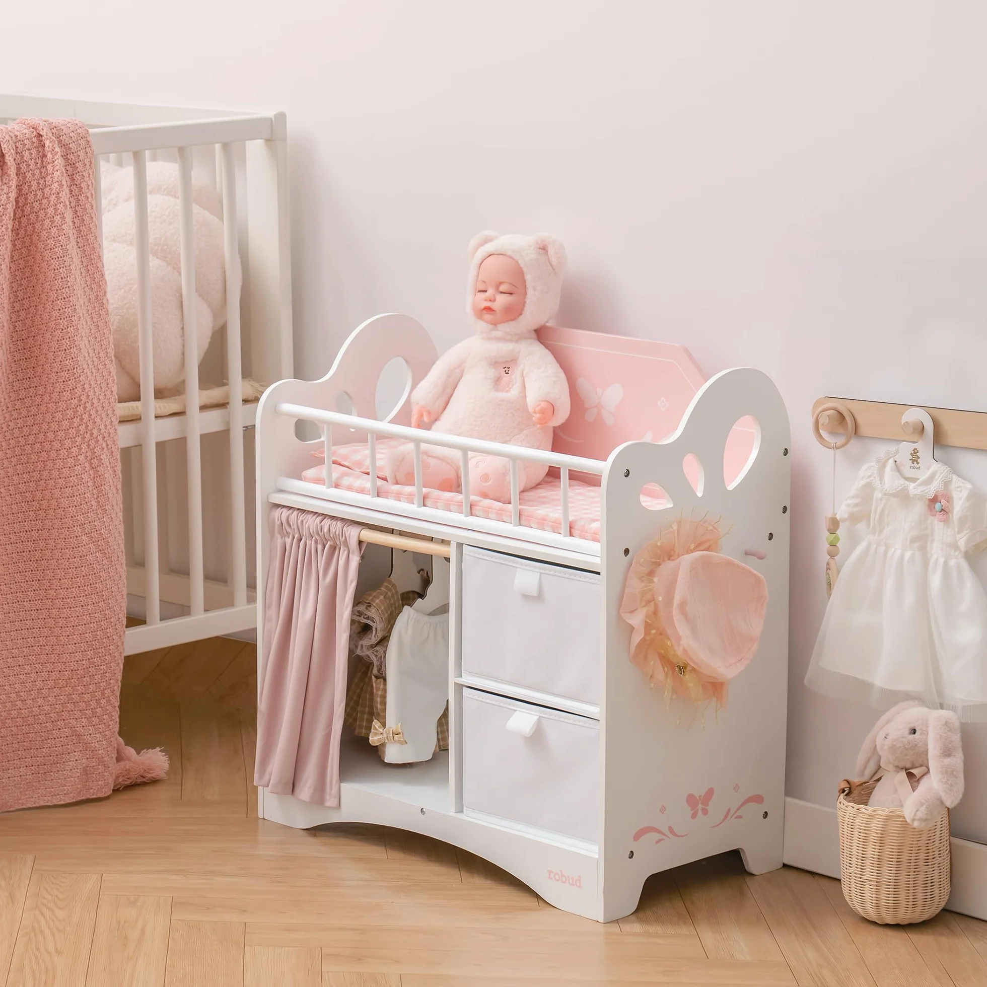 ROBUD Letto per bambole in legno con armadio e biancheria da letto per bambole fino a 55 cm
