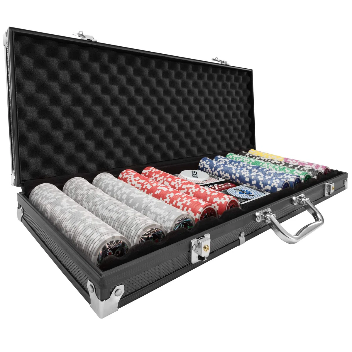 tectake® Set da Poker per Giochi con Chips Poker Professionali in Valigetta in Alluminio, 2 Mazzi di Carte da Gioco, Dadi, Fiches Grigie, Rosse, Blu, Verdi, Nere, Viola - 500 Pezzi - Nero