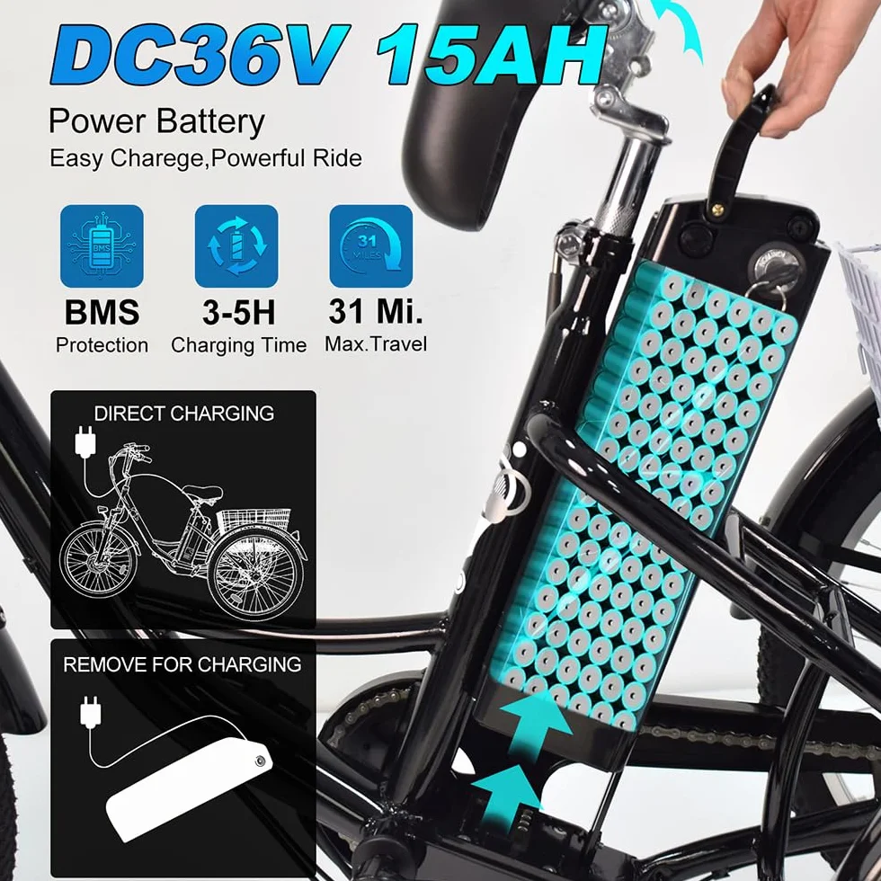 Triciclo elettrico per adulti M300 Batteria rimovibile da 36 V 15 Ah Pneumatici antiscivolo e resistenti all'usura da 24 x 2,125 pollici Triciclo da campeggio Triciclo da trasporto per anziani