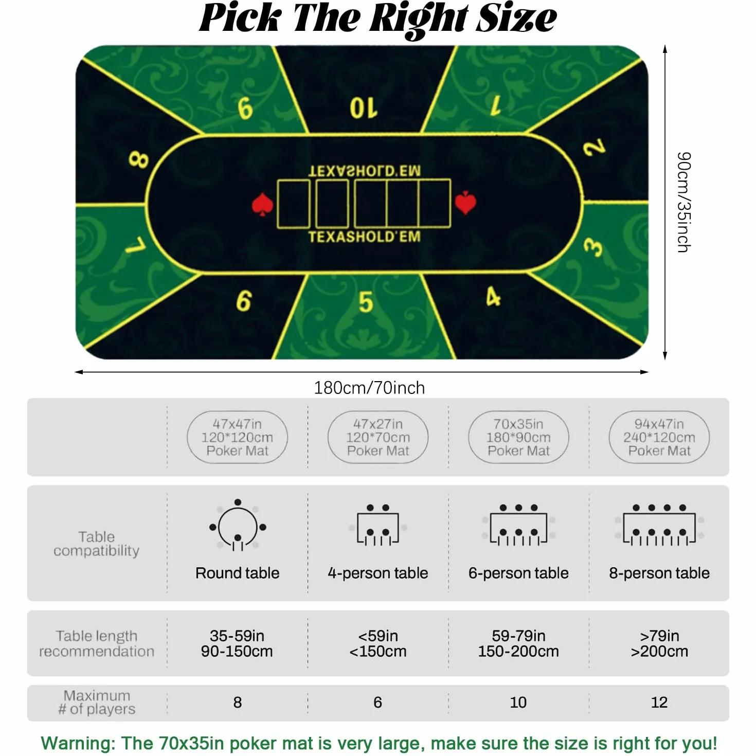 Tappetino da poker, 180 x 90 cm, 10 giocatori Texas Hold'em Poker, in gomma, topper per tavoli, portatile, per giocare a carte, PokerGames, Blackjack, Casinò, con borsa per il trasporto