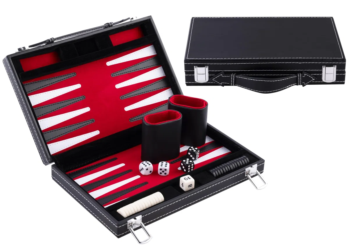 Engelhart - 250513 - Valigetta Backgammon 30 cm (11 Pollici) - Similpelle Rossa/Nera/Bianca con Interno in Velluto - Gioco da Tavolo Portatile per 2 Giocatori - Dai 6 Anni in Su