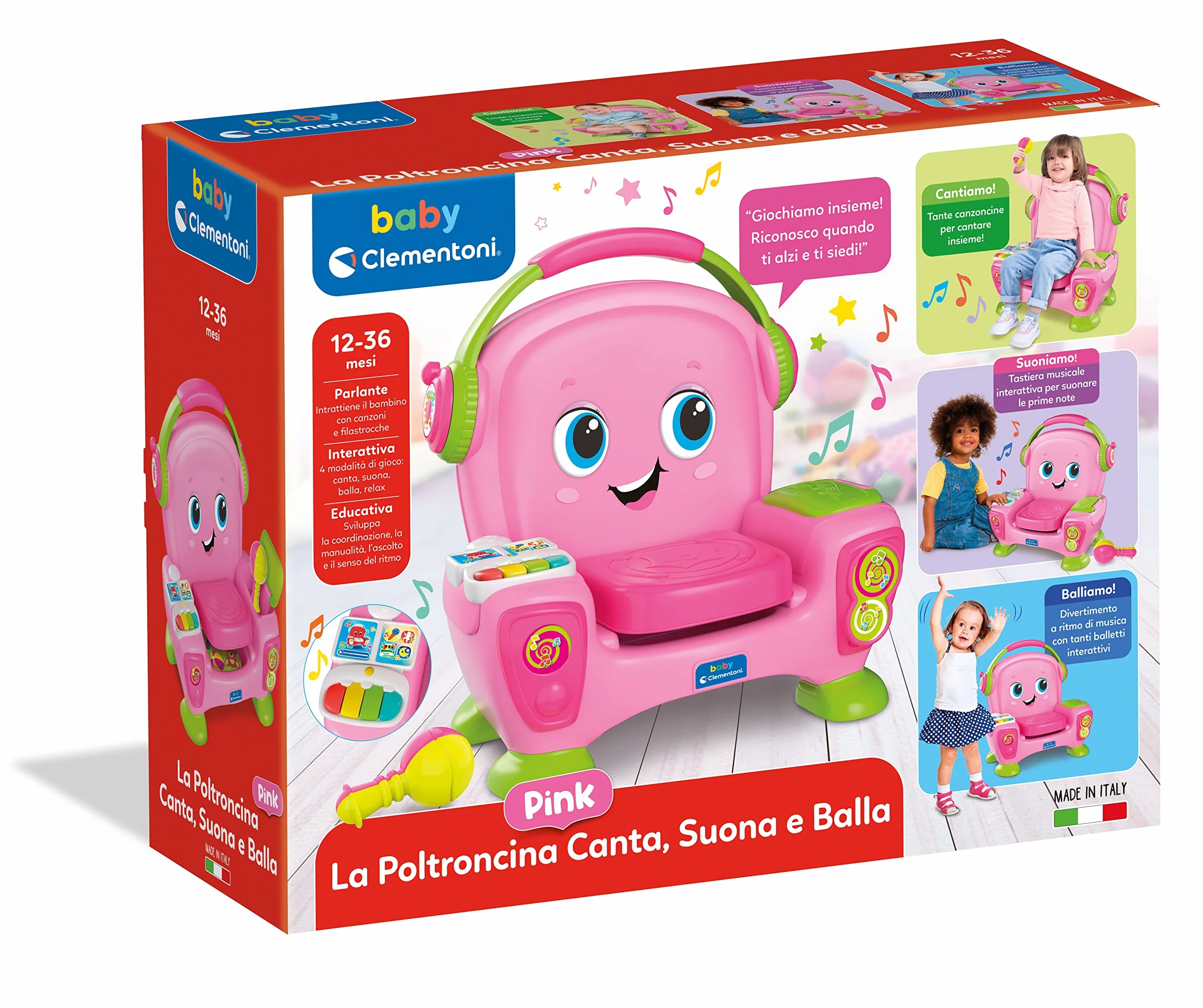 Clementoni Baby Poltroncina Interattiva Canta Suona e Balla Pink, Bambini 12-36 Mesi, Gioco Educativo con Luci e Filastrocche per Imparare Cantando e Ballando, Made in Italy, Lingua Italiana, 17755