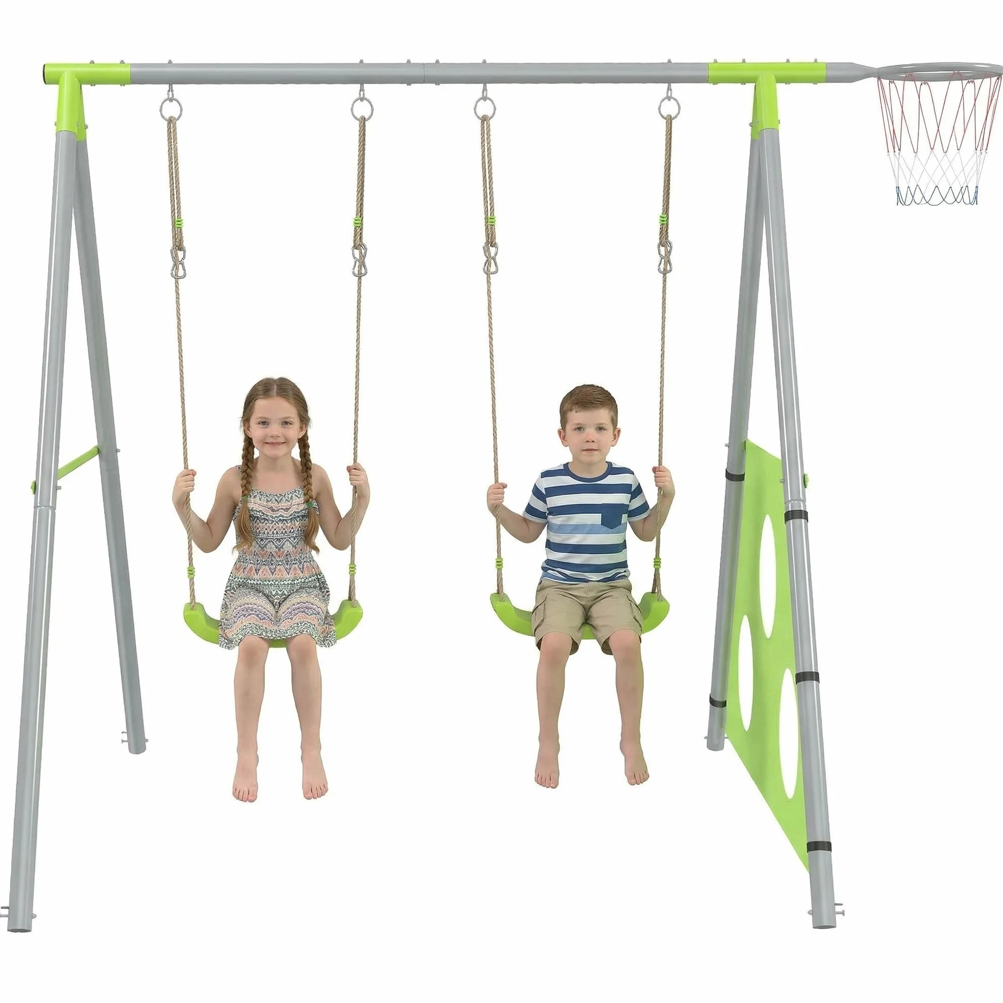 AIYAPLAY Set Altalena da Giardino per Bambini 3 in 1 con Altalena per Bambini, Canestro da Basket e Porta da Calcio, Gioco per Bambini 3-8 Anni con Telaio ad A in Metallo per Uso Esterno, Carico 90kg