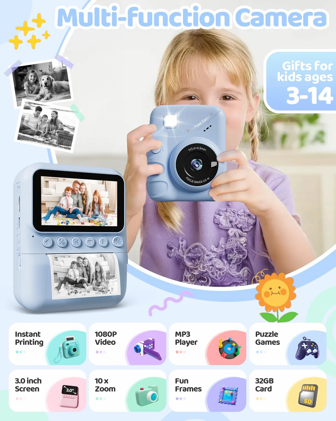 TIATUA Macchina Fotografica Bambini Istantanea, 3.0 Pollici 48MP Fotocamera Digitale Bambini con 32GB Scheda & Papier Photo, Regalo di Natale per Bambin i dai 3-12 Anni