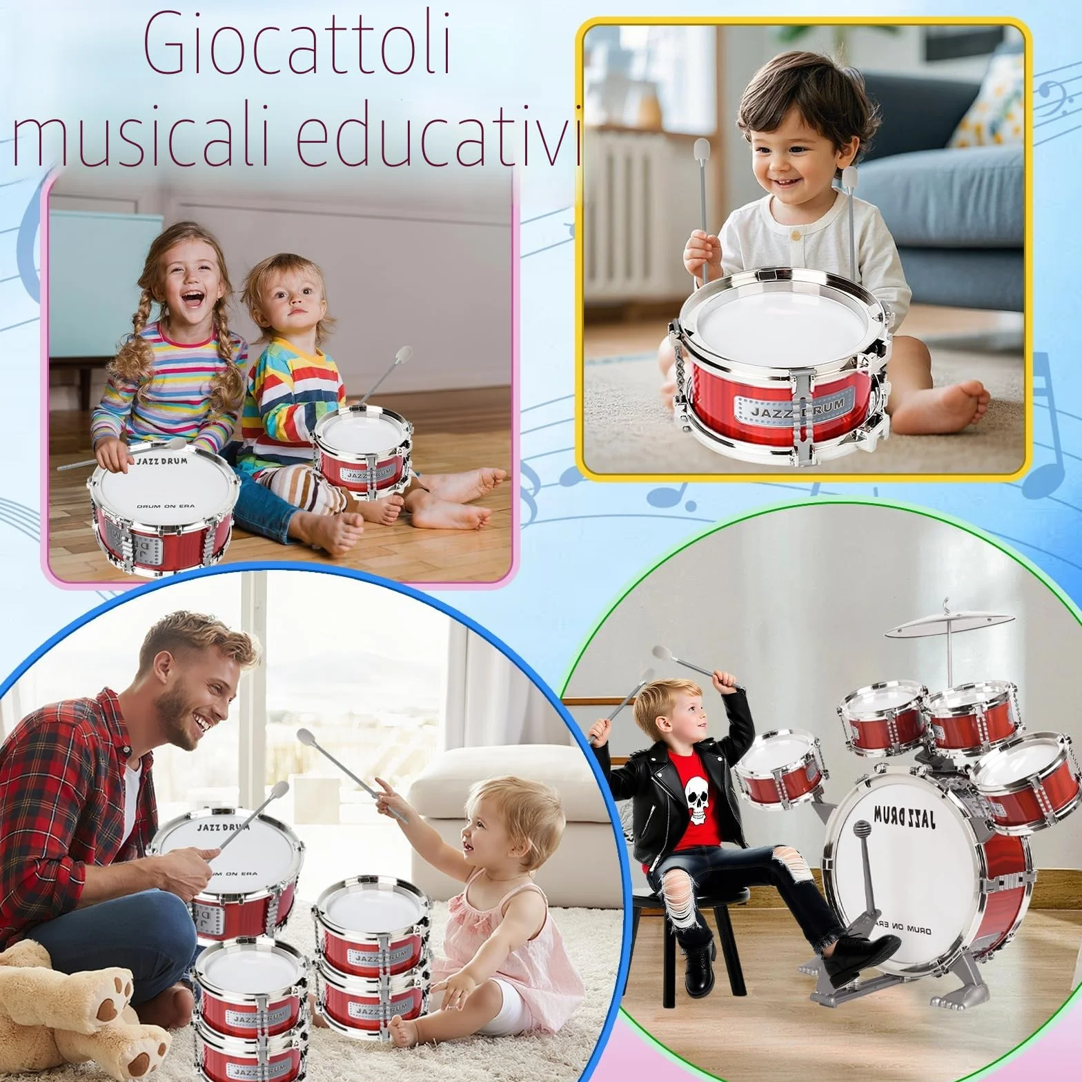 m zimoon Kit Batteria Jazz Per Bambini, 5 Tamburi Con Sgabello Pedale E Bacchette Per Principianti Strumento Musicale Percussione Giocattolo Vacanze Compleanno Regalo Educativo Per Ragazzi E Ragazze