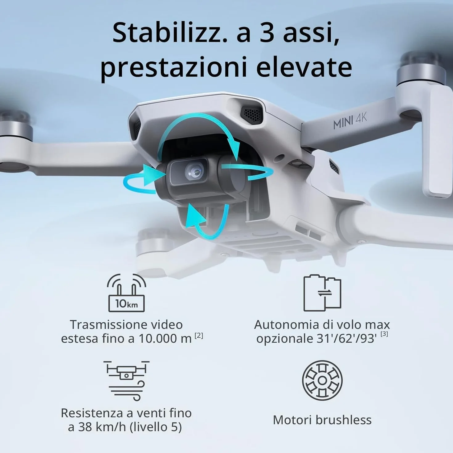 DJI Mini 4K, drone per adulti, fotocamera 4K HD, < 249 g, stabilizzatore 3 assi, trasmissione video 10 km, return automatico, resistenza al vento, 1 batteria per tempo di volo 31', volo intelligente