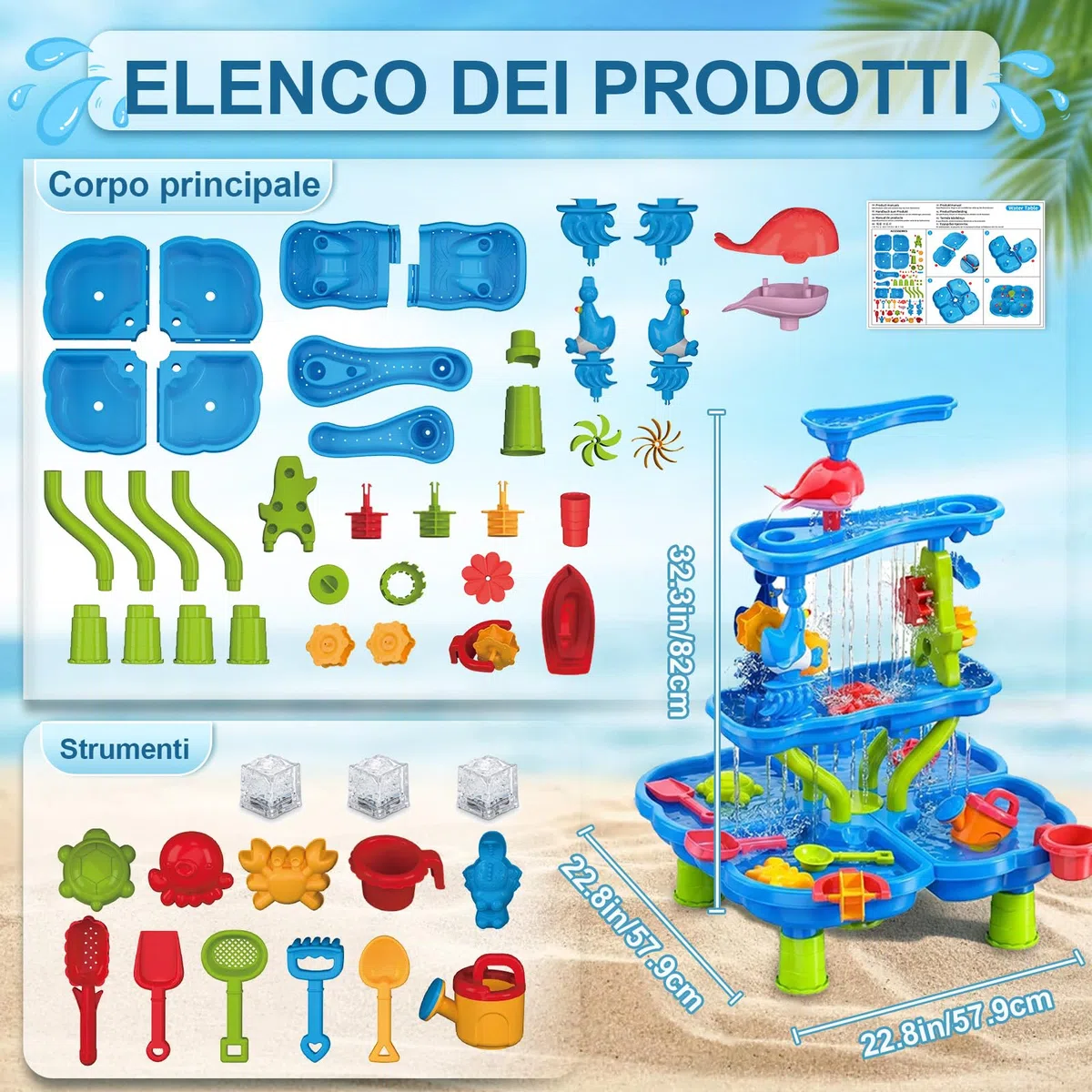 Tavolo Acqua Bambini, Tavolo Sabbia e Acqua a 4 Livelli con Accessori per Sabbiera, Grande Tavolo d’Acqua per Giardino, Spiaggia ed Estate, Giocattolo d’Acqua per Bambini dai 3 Anni