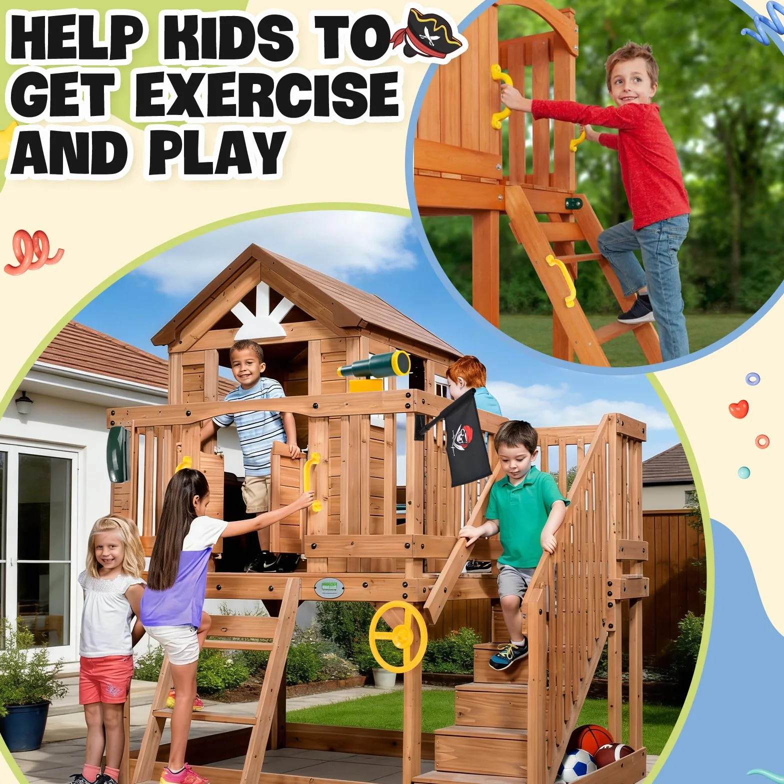Set di Accessori per Torre di Gioco, Maniglie di Sicurezza per Parco Giochi con Volante,Telescopio e Telefono Giocattolo, Maniglie per Torre Giochi per Altalene, Parco Giochi, Alberi