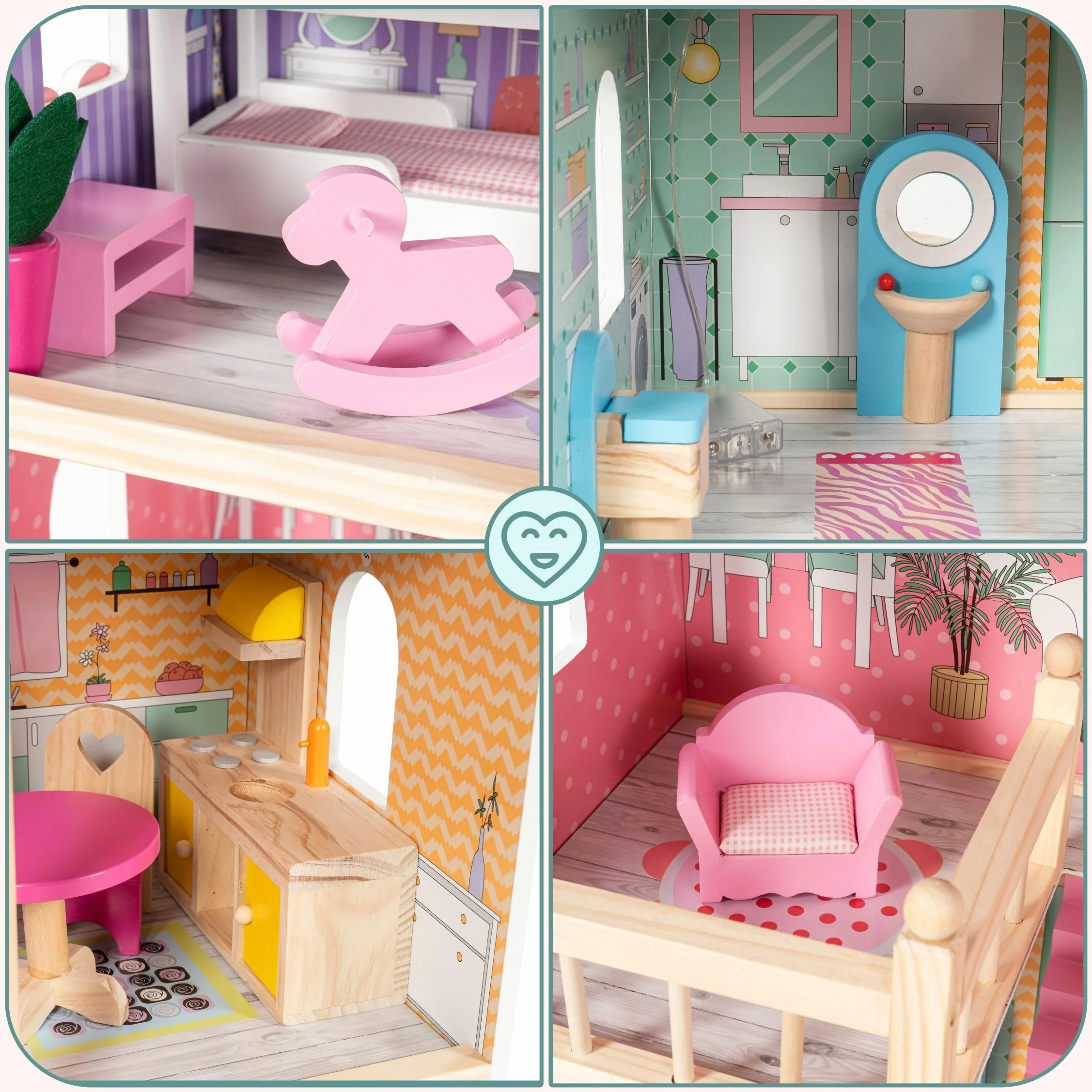 mamabrum Casa delle Bambole in Legno XXL – 3 Piani con LED e Mobili Inclusi – Casa Bambole 90x60x30 cm – Design Pastello Sicuro ed Educativo – Giocattolo per Bambine dai 3 Anni