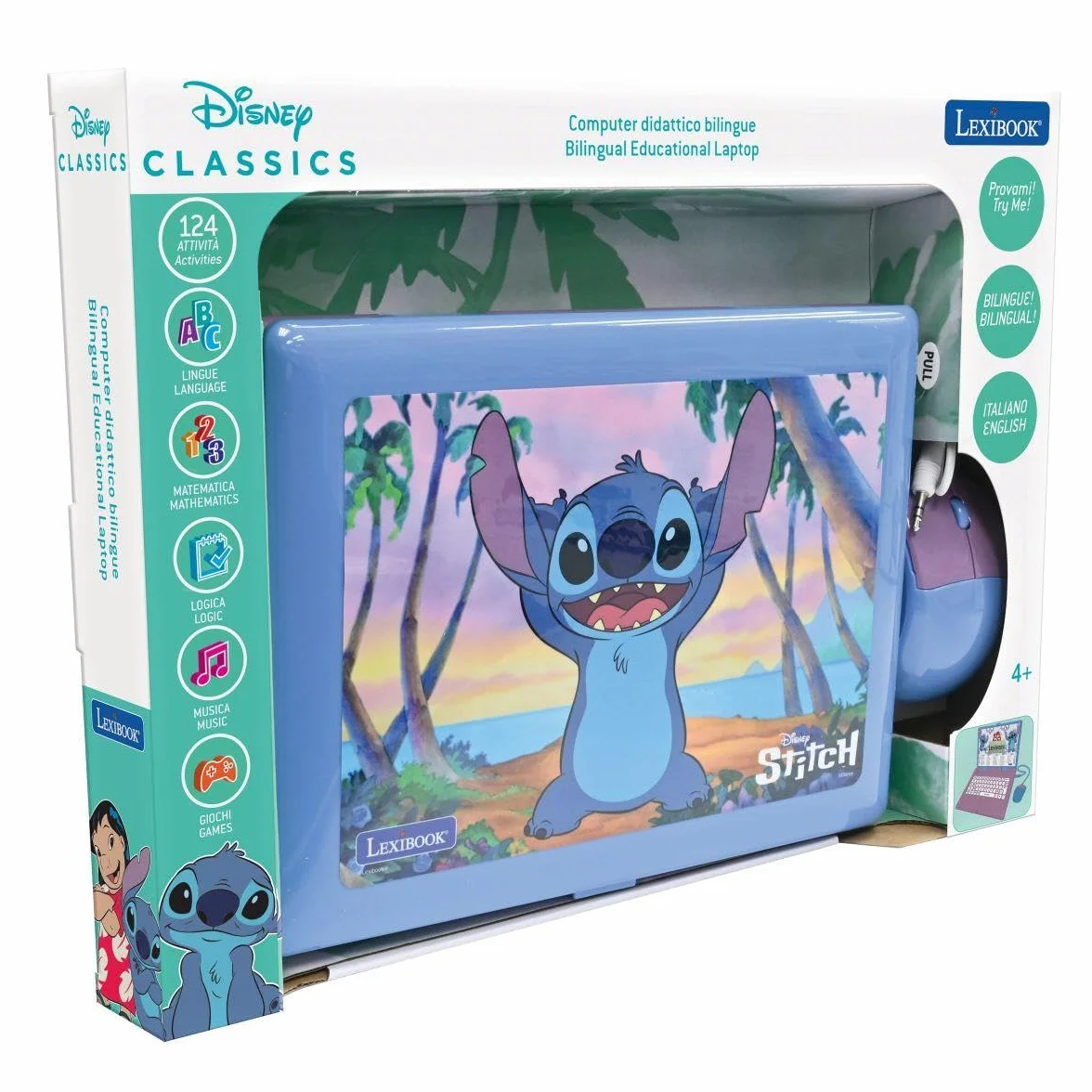 Lexibook, Disney Stitch, Computer educativo bilingue italiano/inglese, Giocattolo per bambini con 124 attività e giochi di lingua, scrittura, matematica, logica, musica, Viola/Blu, JC598Di5LXB
