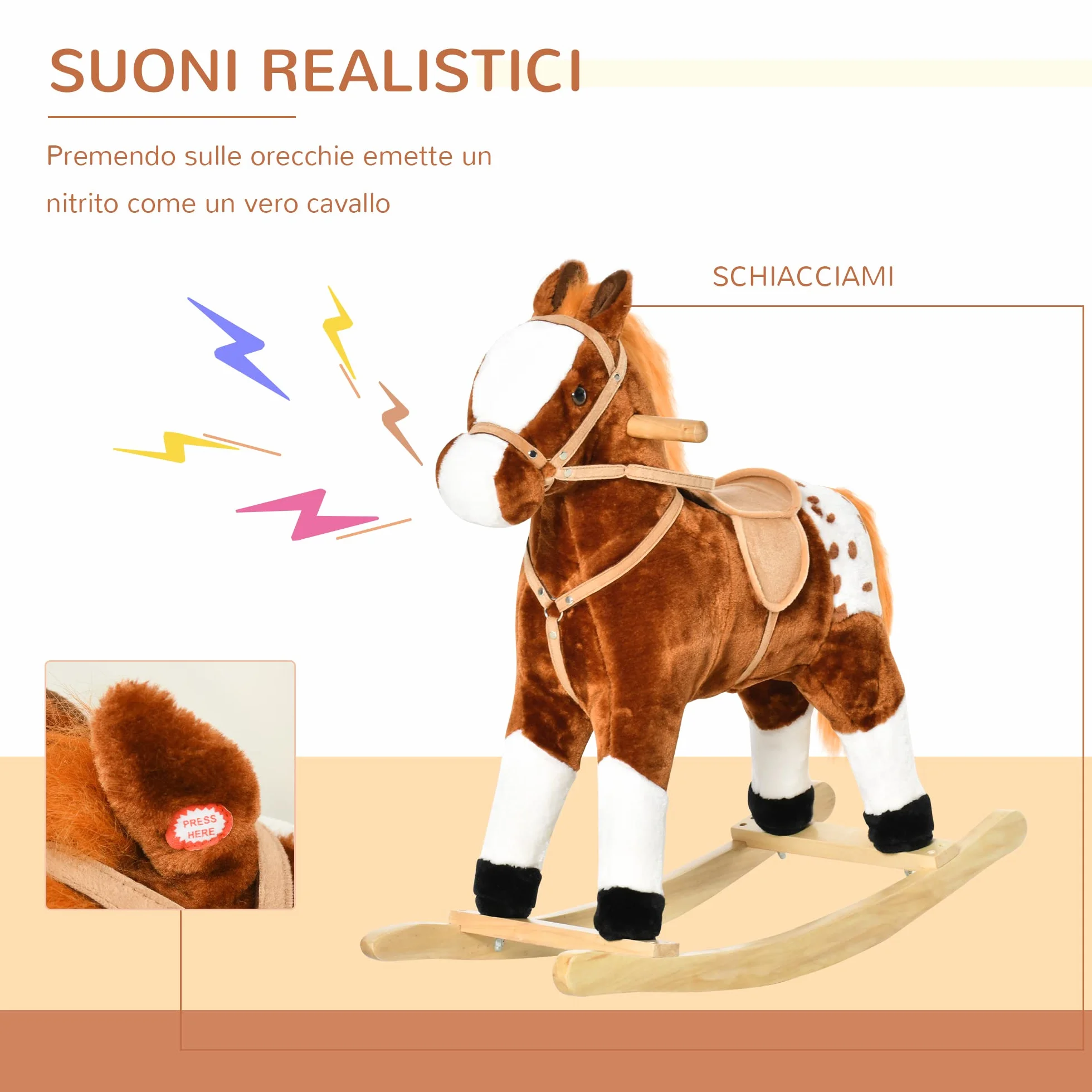 HOMCOM Cavallo a Dondolo in Legno con Suono Animale Regalo Giocattolo per i Bambini, 74 x 28 x 65 cm, Marrone