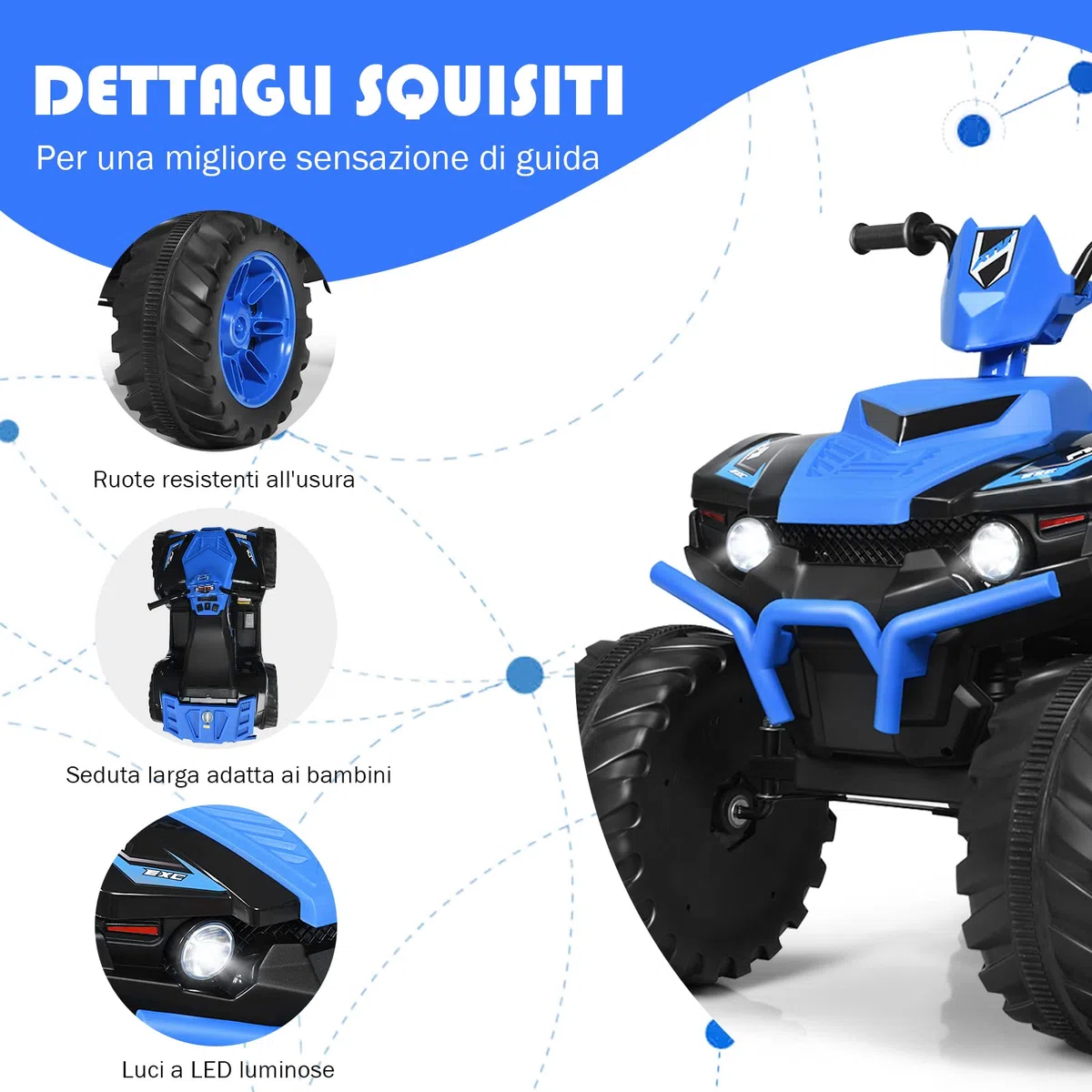 Costway 12V Quad Elettrico per Bambini, Auto Elettrica Cavalcabile con Luci LED e Musica, 5km/h, 3-7 Anni Blu