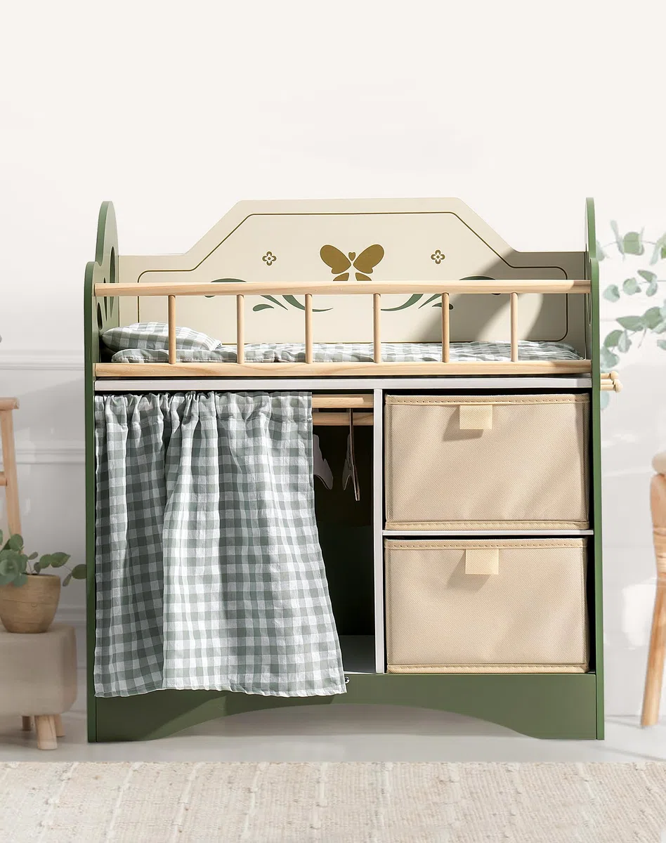 ROBUD Letto per bambole in legno con armadio e biancheria, fino a 53 cm, regalo per bambine dai 3 anni (verde)