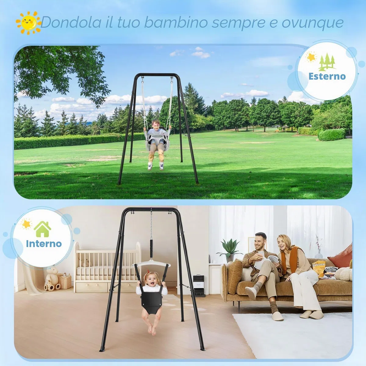 4-in-1altalena da giardino per bambini, Altalene Saltare Su per Bambini per Giochi, Supporto Metallo Pieghevole, Sedili Rimovibili Alta Qualità, 18 Mesi-6 Anni