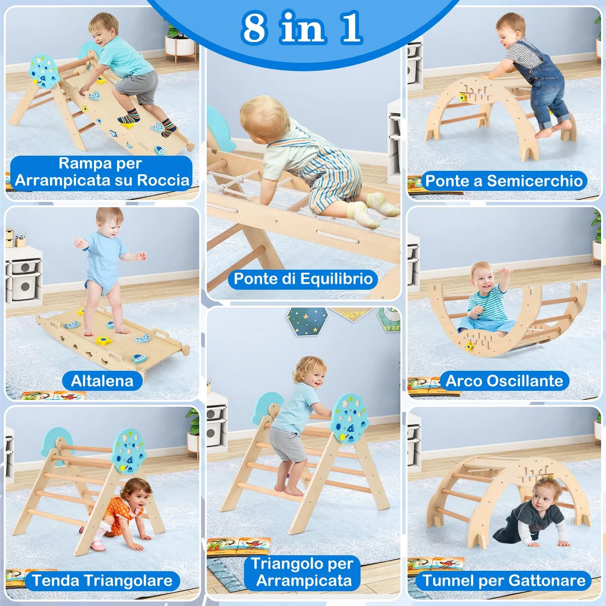 COSTWAY Set da Arrampicata in Legno per Bambini, Giocattoli Montessori 8 in 1 con Triangolo Arco Rampa e Corda, Naturale