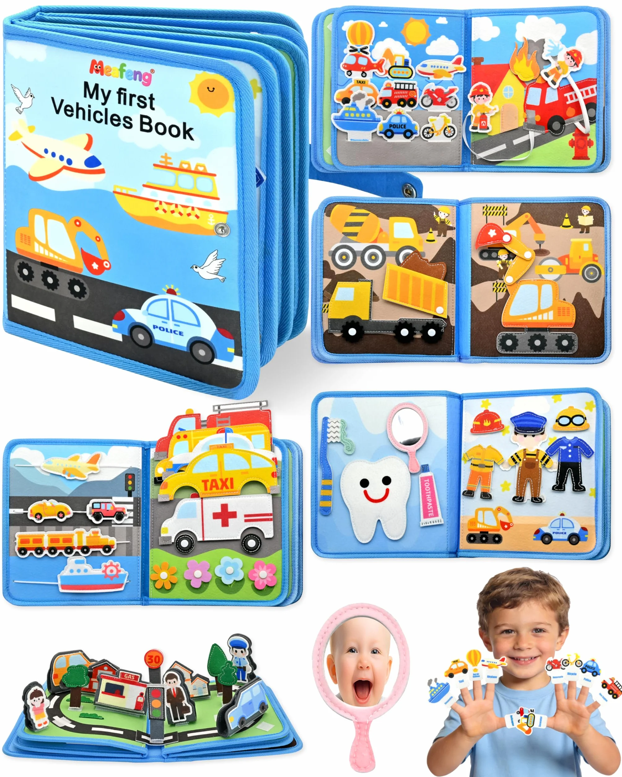 Libro Montessori Interattivo 1 Anno – Busy Board Sensoriale Educativo con Tema di Trasporto, 10 Pagine di Attività, Giochi Montessori per Bambini 1-3 Anni, Regalo Didattico e Creativo