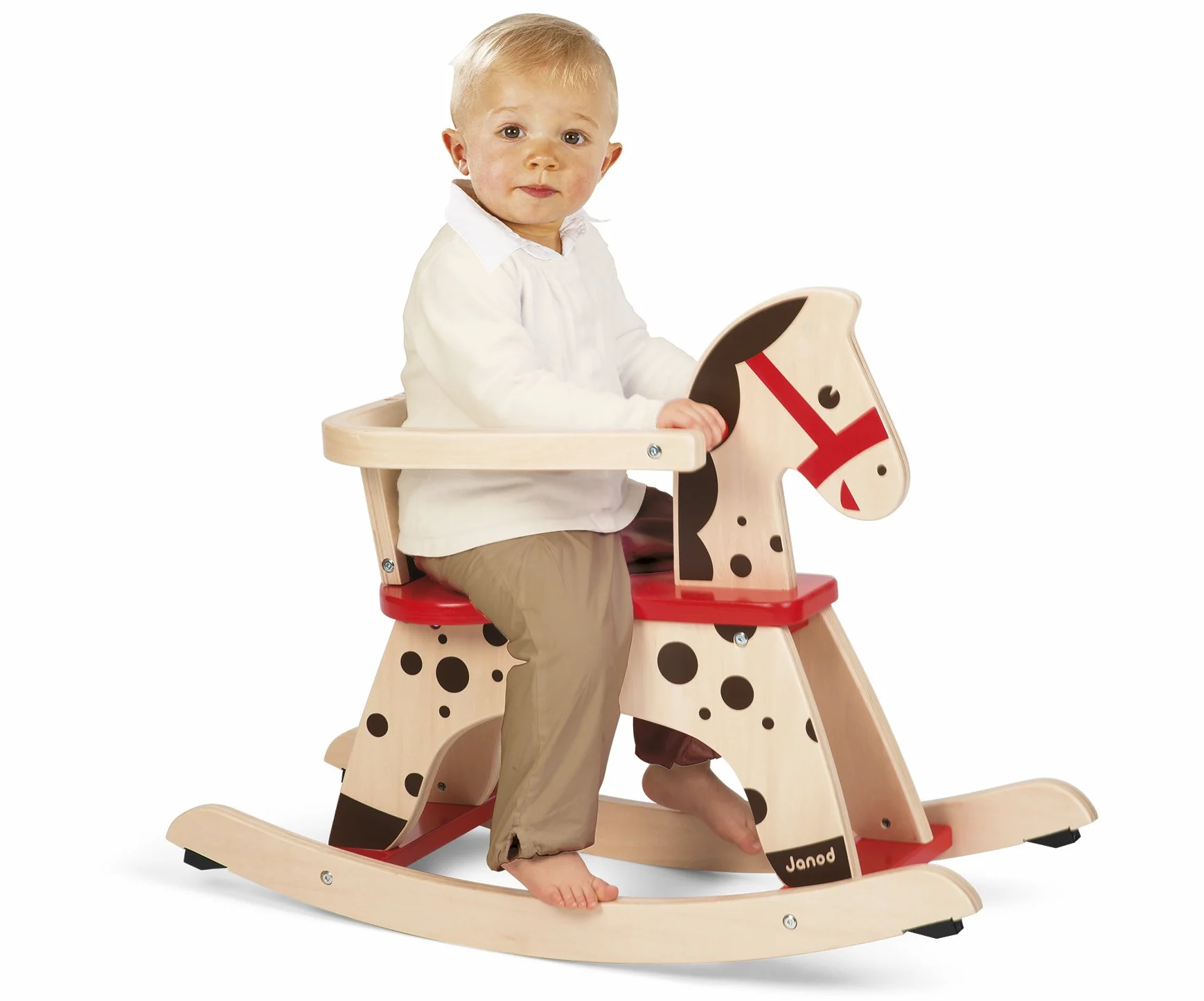 Janod - Cavallo a Dondolo in Legno Caramello - Giocattolo Primo Anno - Apprendimento Equilibrio - A Partire dall'anno, J05984, Marrone e Rosso